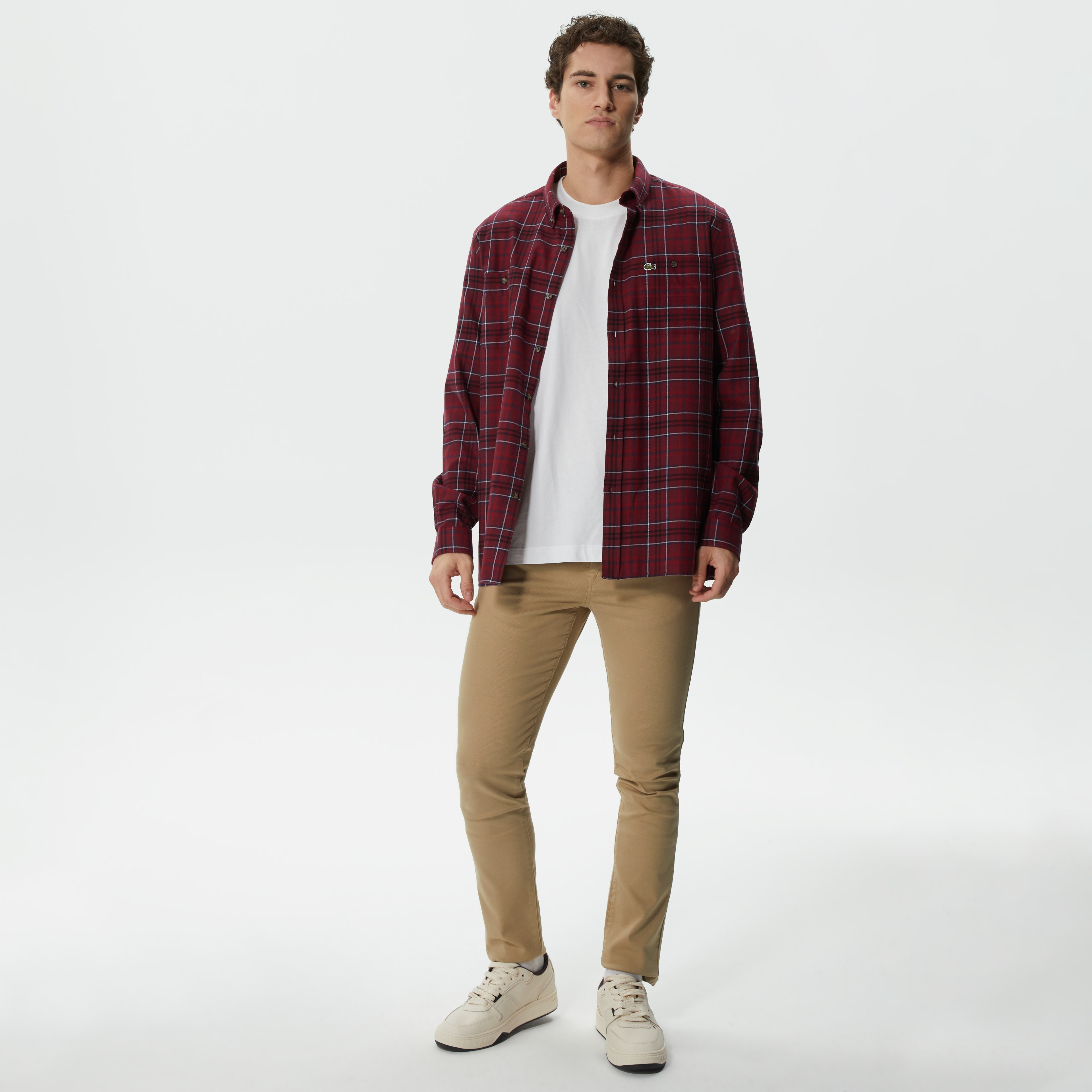 Erkek Regular Fit Düğmeli Yaka Ekose Bordo Gömlek