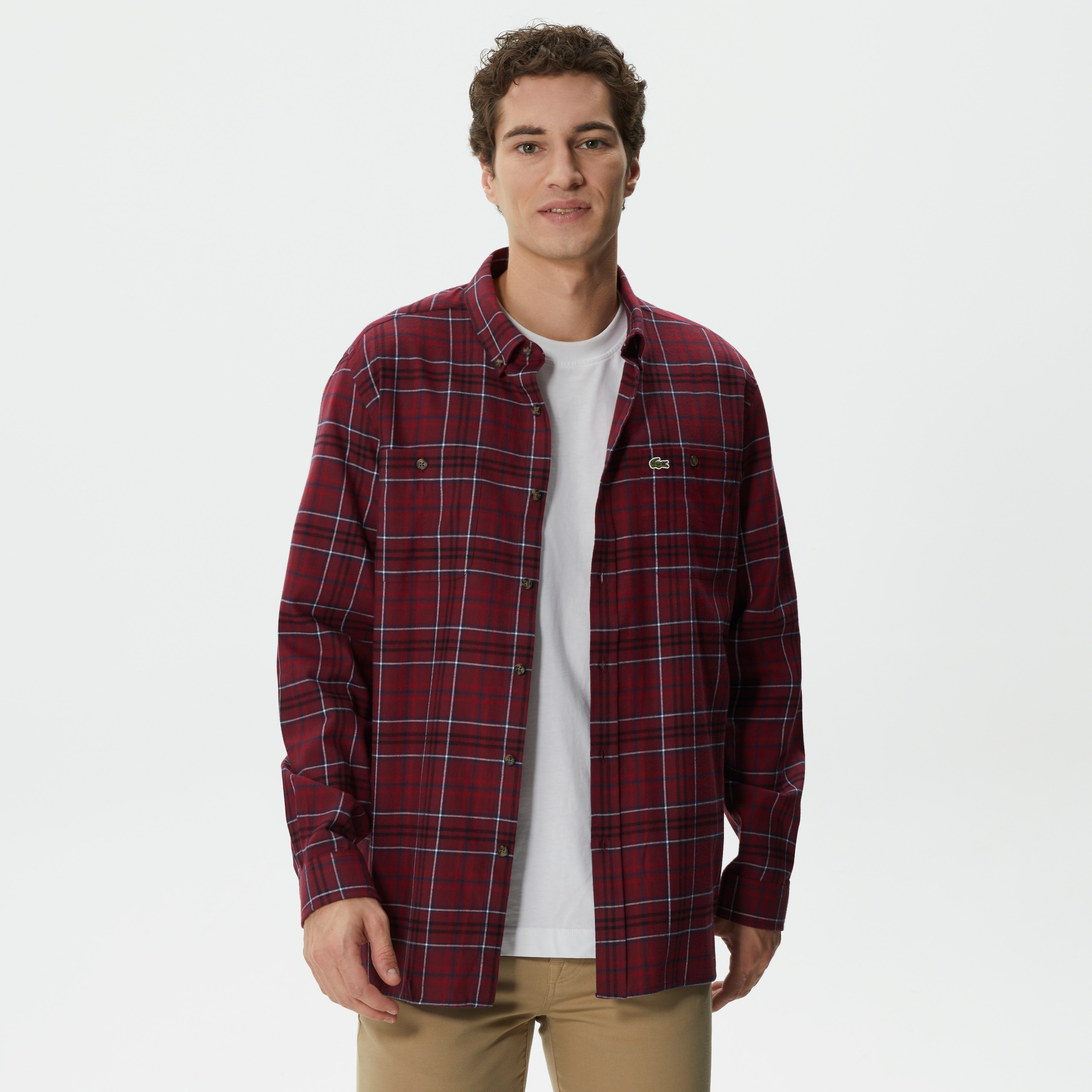 Erkek Regular Fit Düğmeli Yaka Ekose Bordo Gömlek