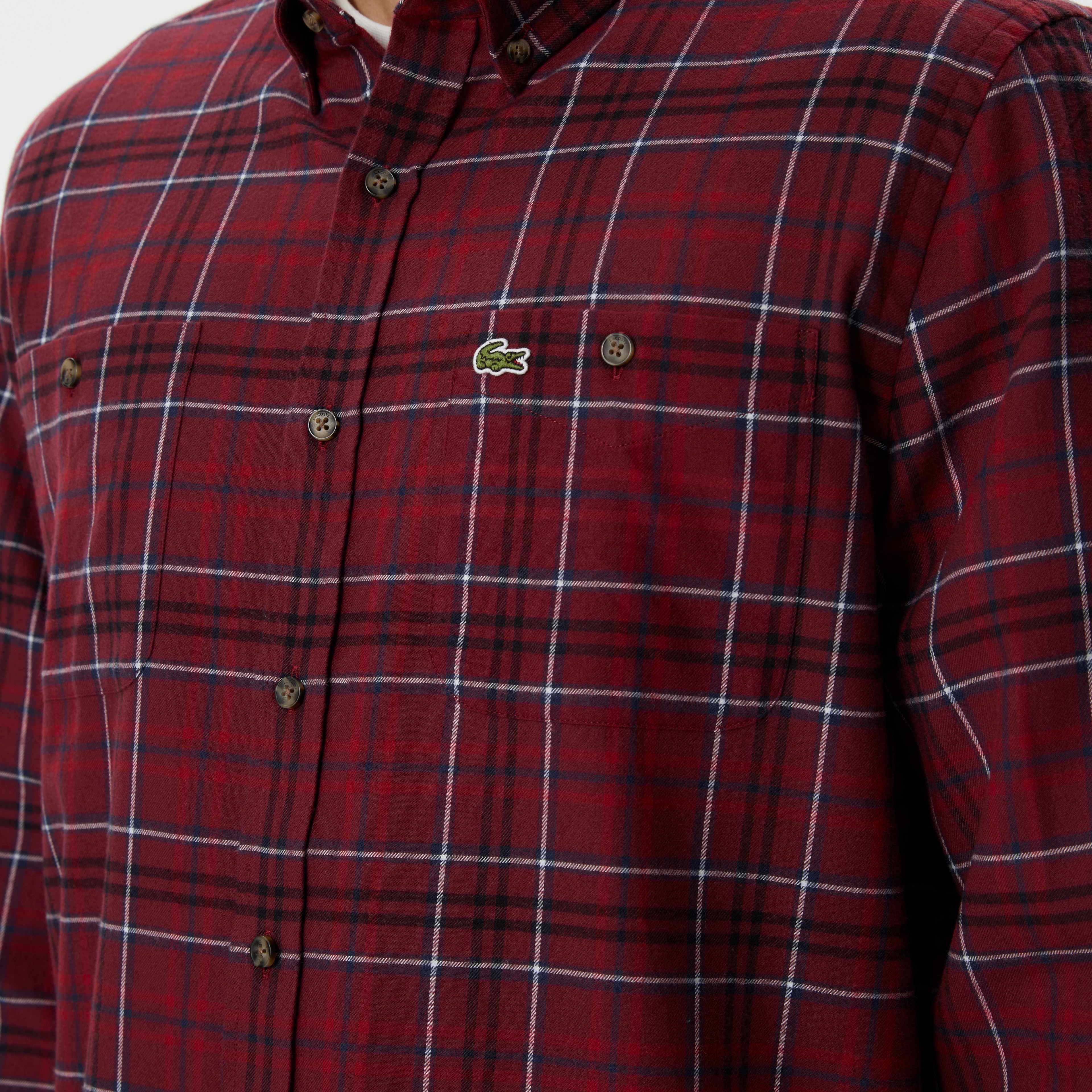 Erkek Regular Fit Düğmeli Yaka Ekose Bordo Gömlek