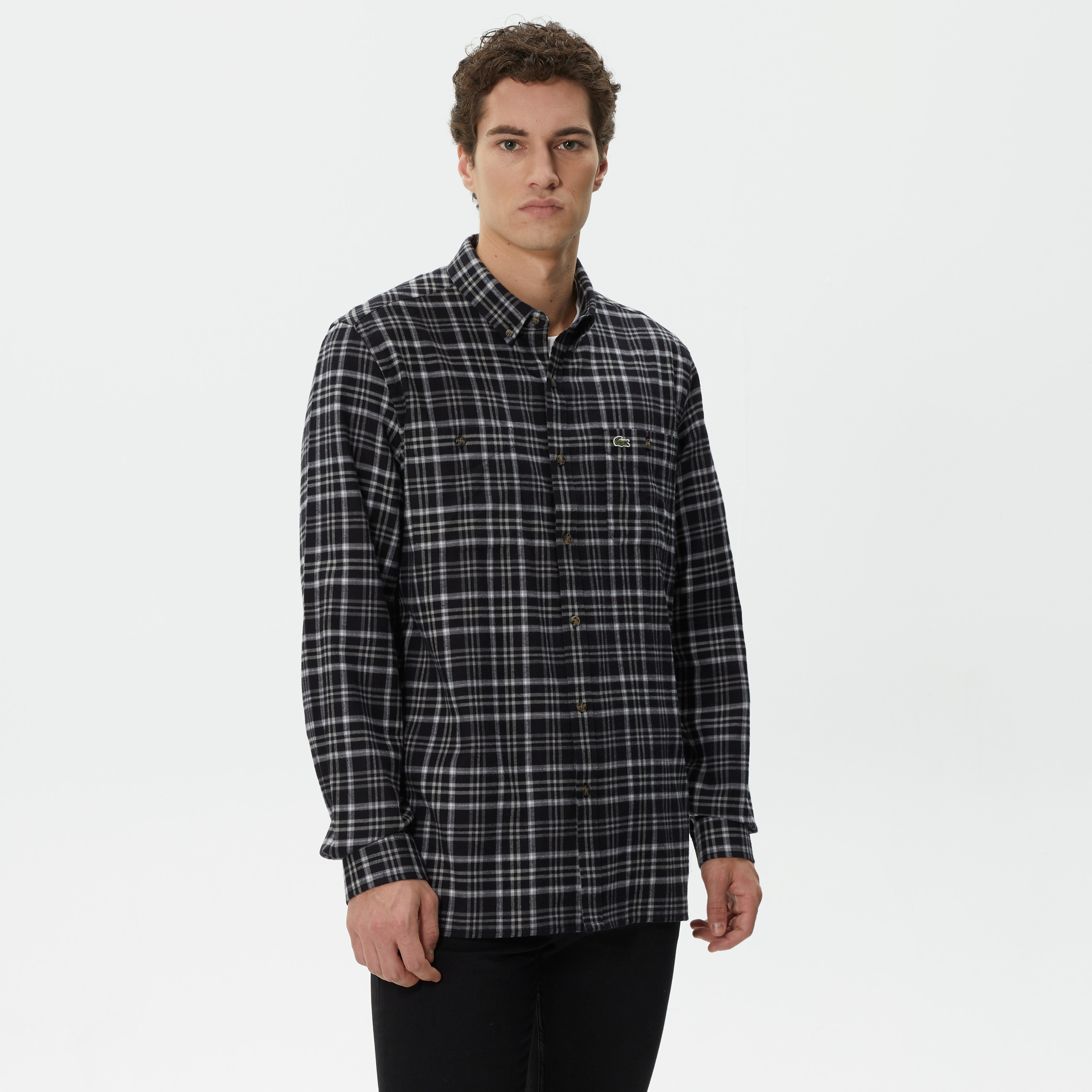 Erkek Regular Fit Düğmeli Yaka Ekose Siyah Gömlek