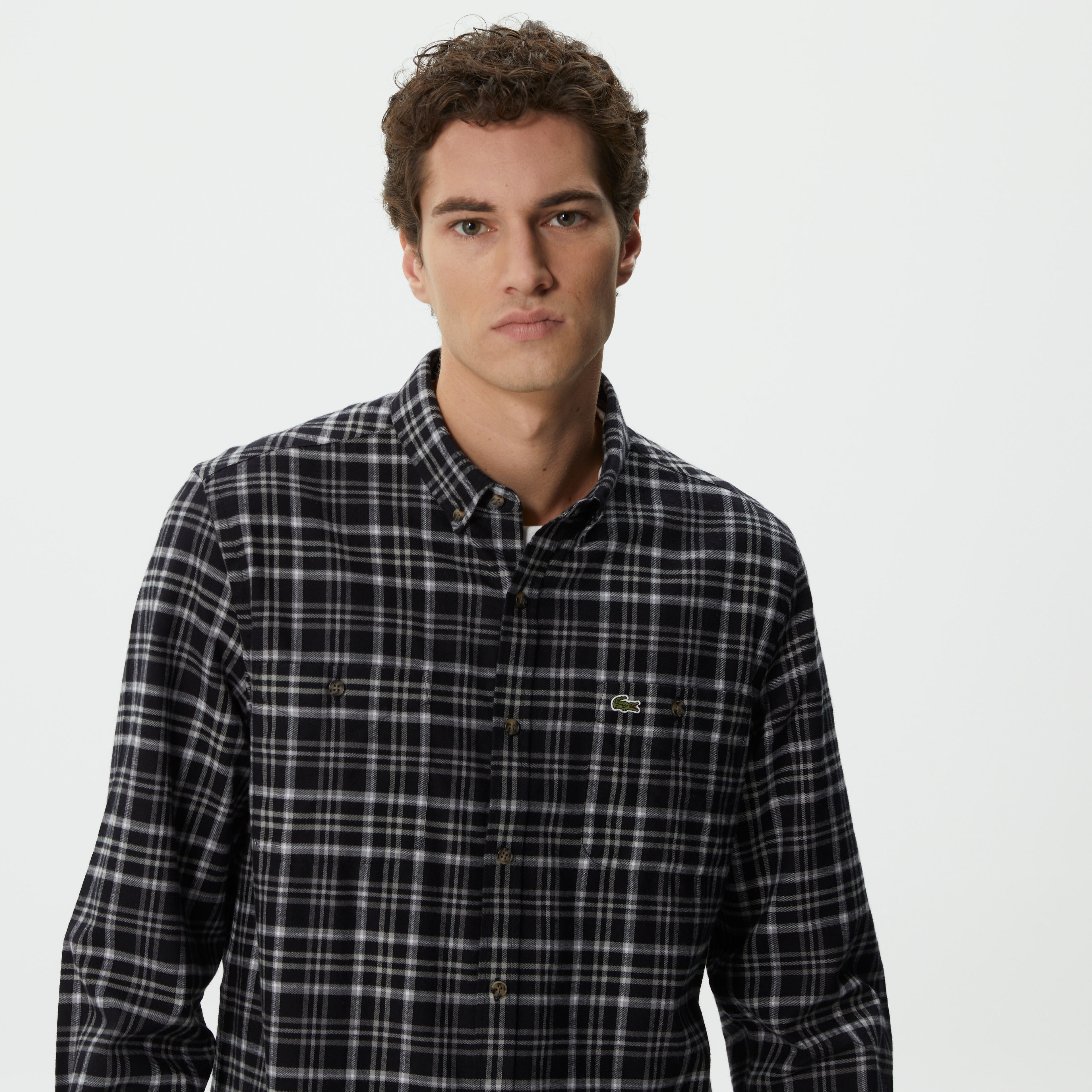 Erkek Regular Fit Düğmeli Yaka Ekose Siyah Gömlek