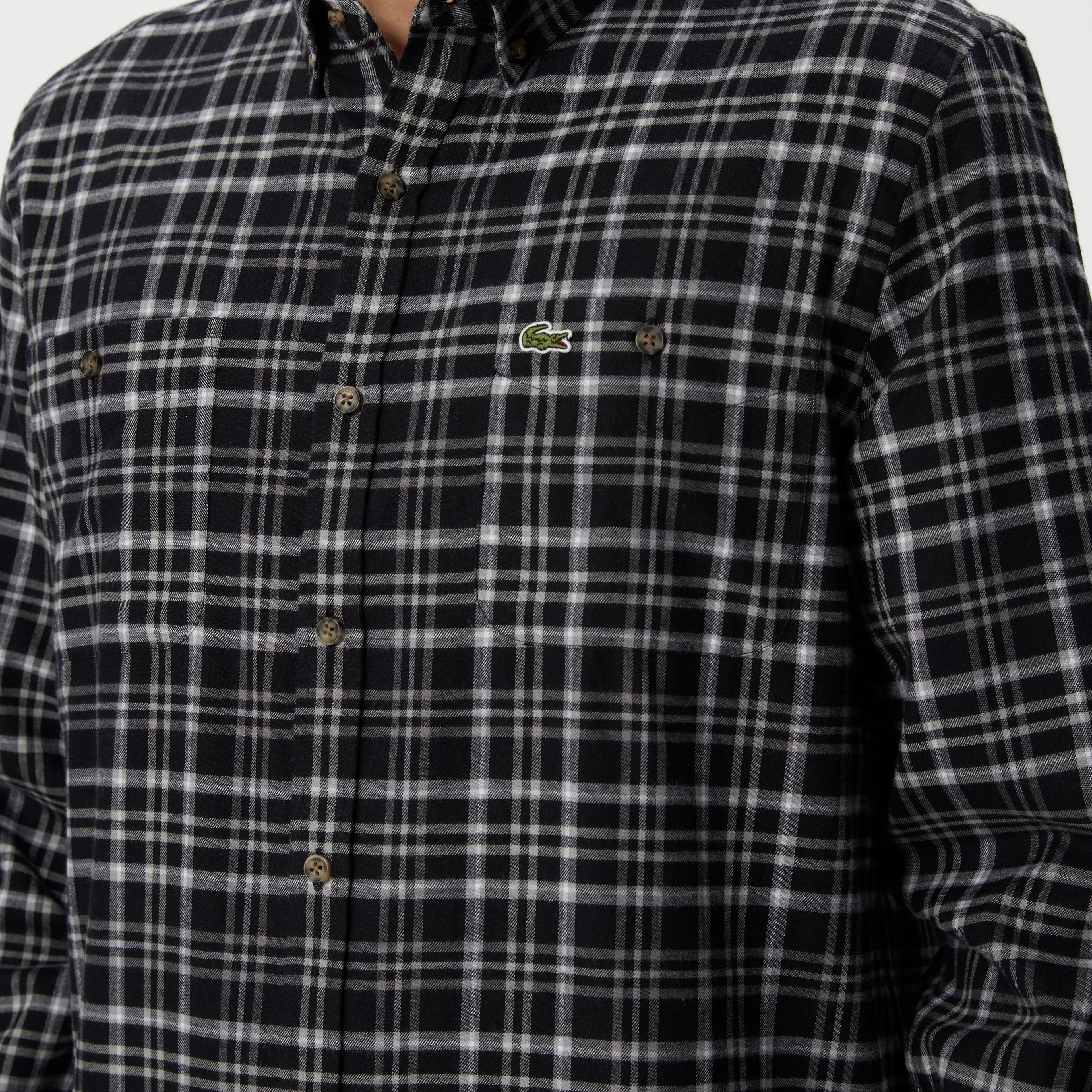 Erkek Regular Fit Düğmeli Yaka Ekose Siyah Gömlek