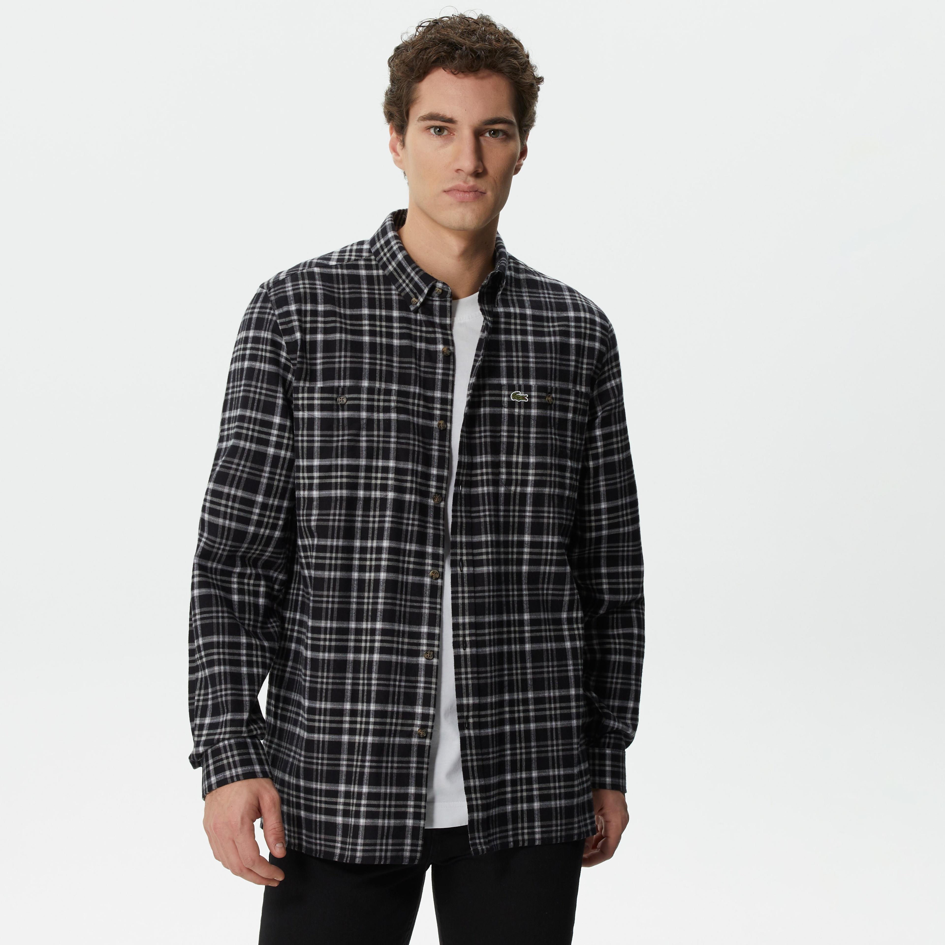 Erkek Regular Fit Düğmeli Yaka Ekose Siyah Gömlek