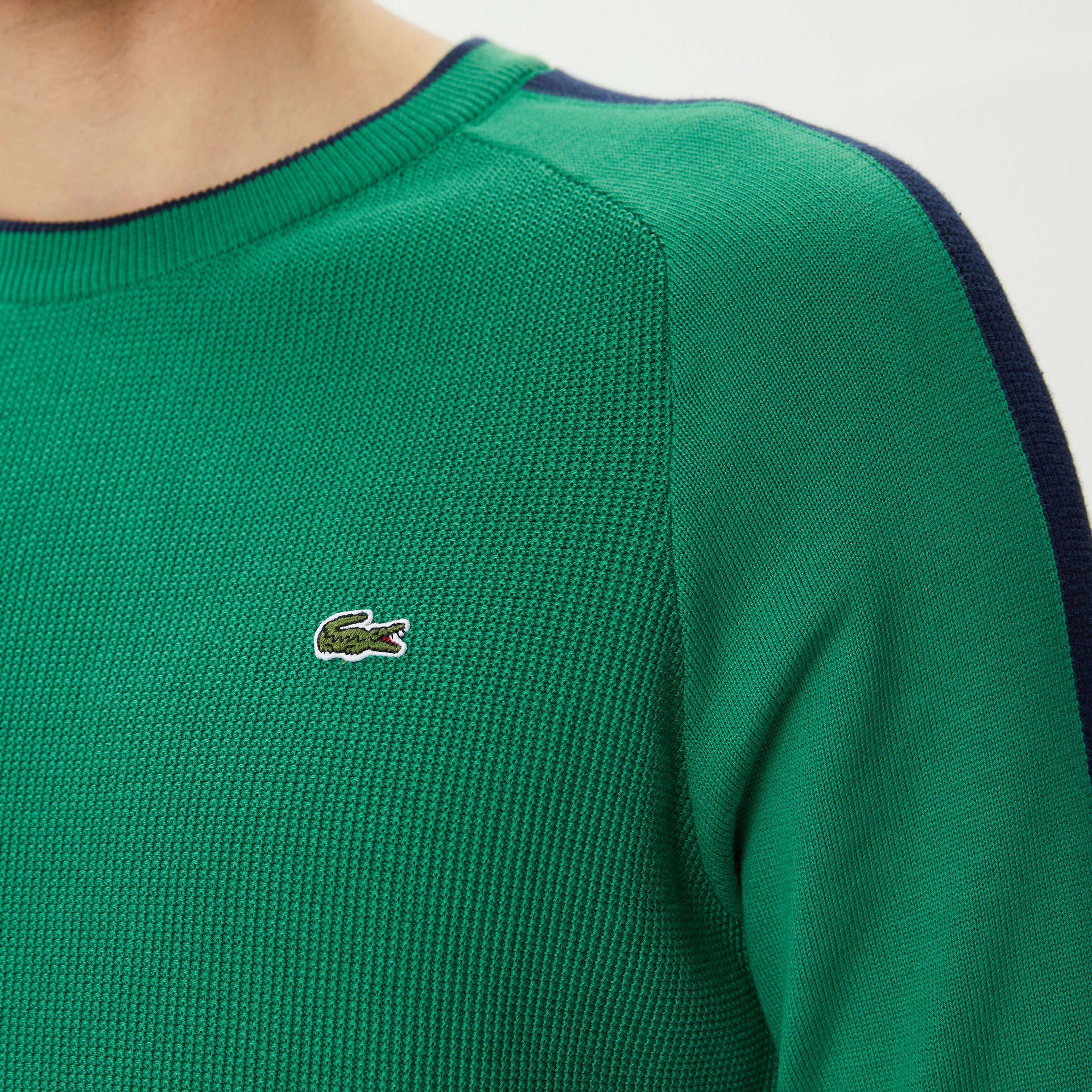 Erkek Regular Fit Uzun Kollu Bisiklet Yaka Renk Bloklu Koyu Yeşil Triko