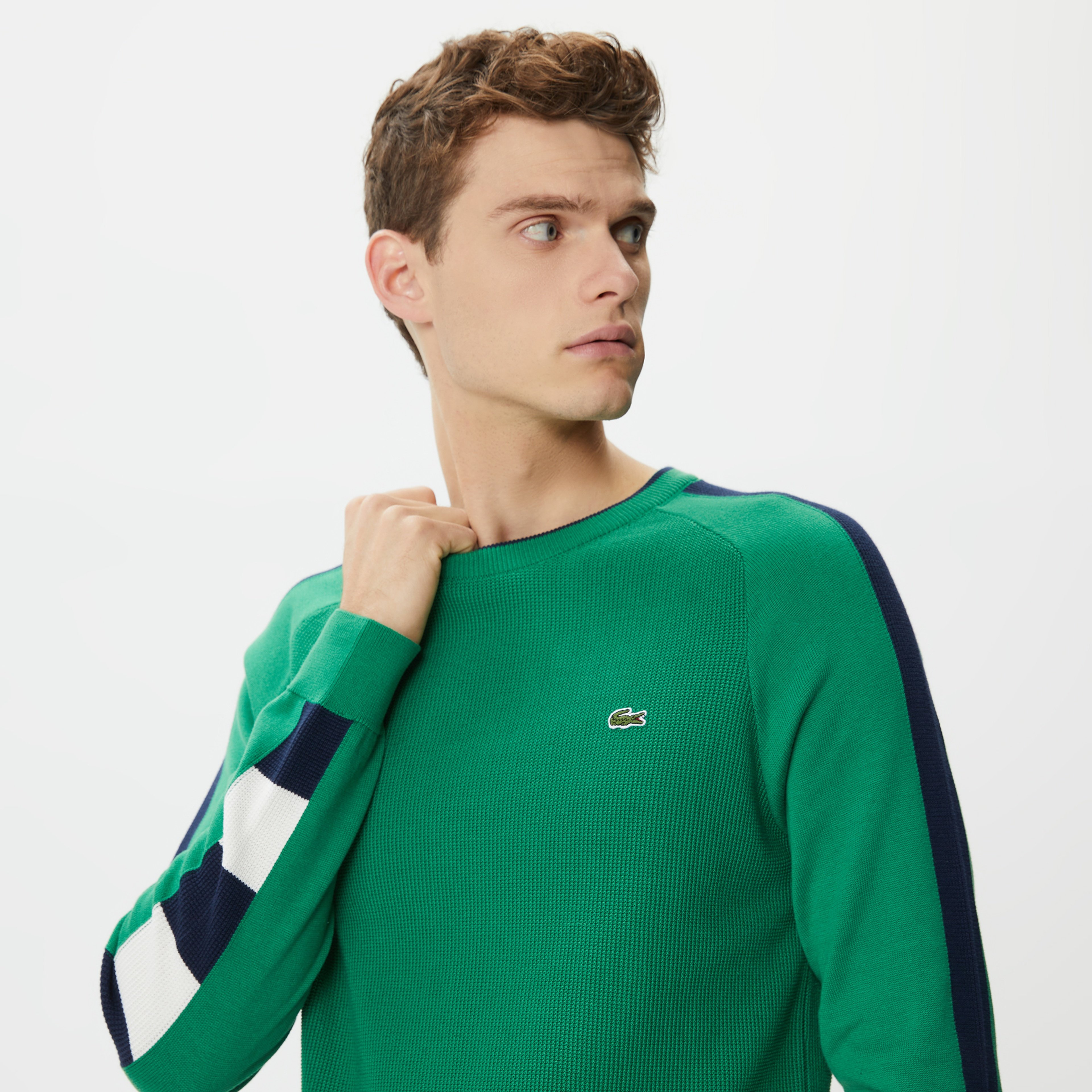 Erkek Regular Fit Uzun Kollu Bisiklet Yaka Renk Bloklu Koyu Yeşil Triko