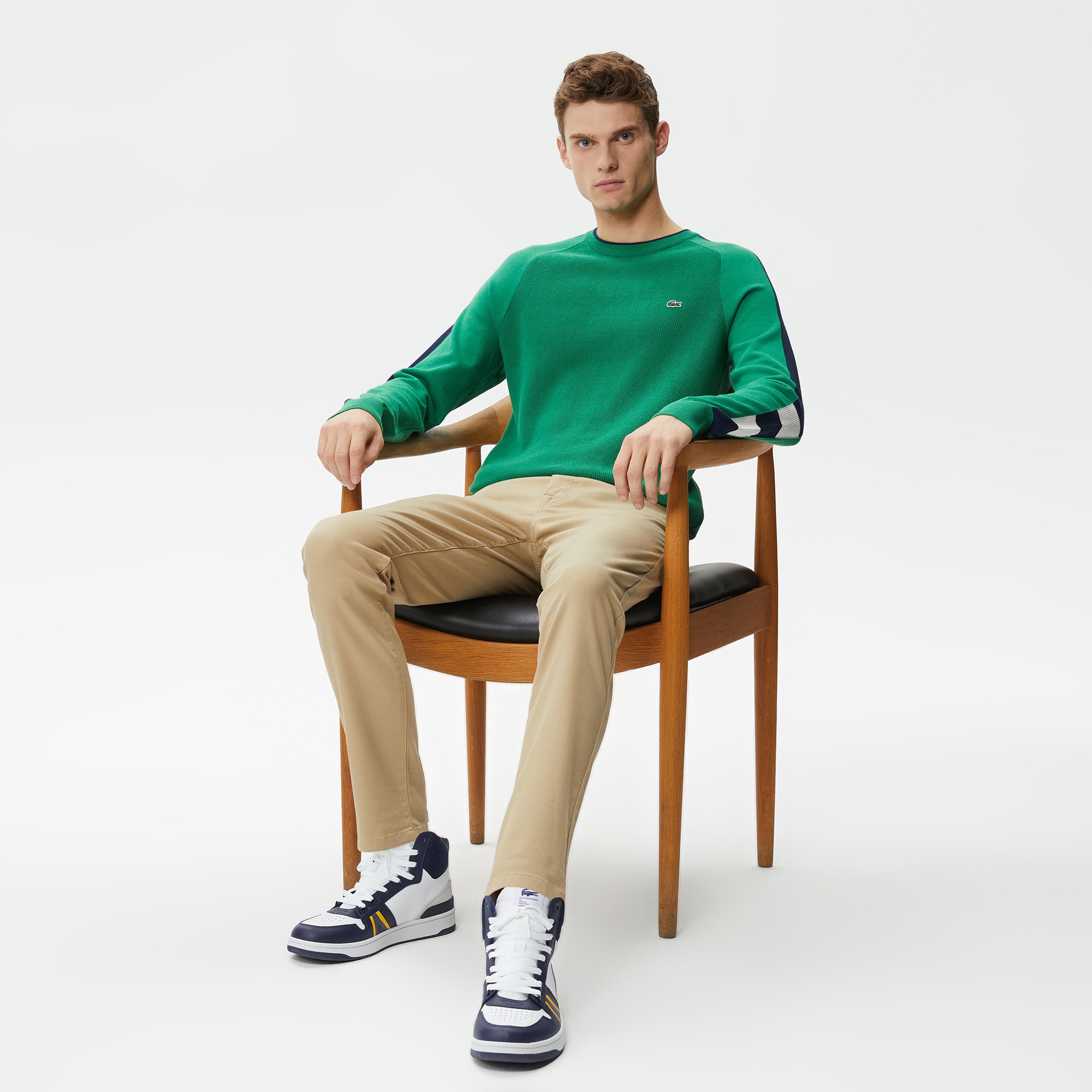 Erkek Regular Fit Uzun Kollu Bisiklet Yaka Renk Bloklu Koyu Yeşil Triko