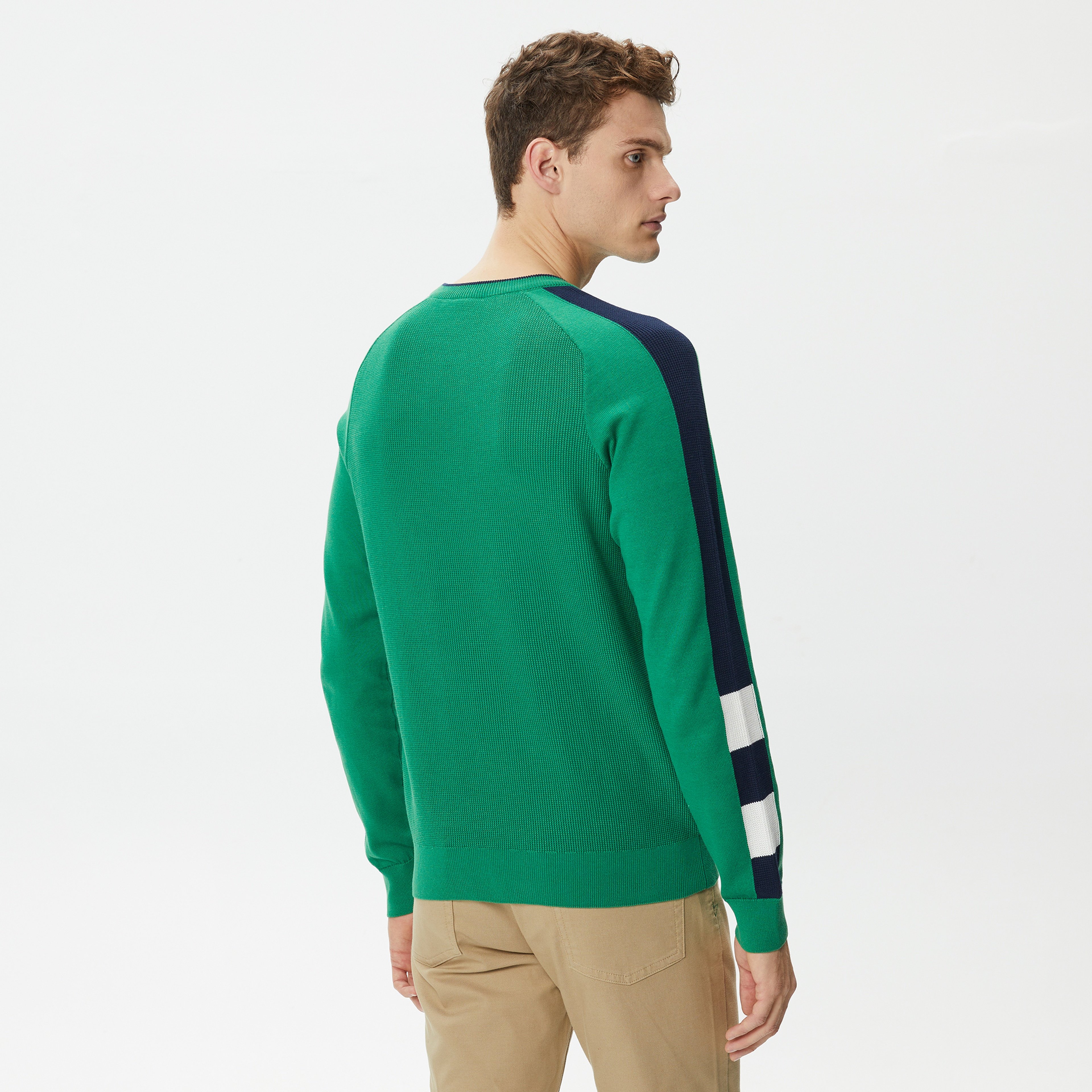 Erkek Regular Fit Uzun Kollu Bisiklet Yaka Renk Bloklu Koyu Yeşil Triko