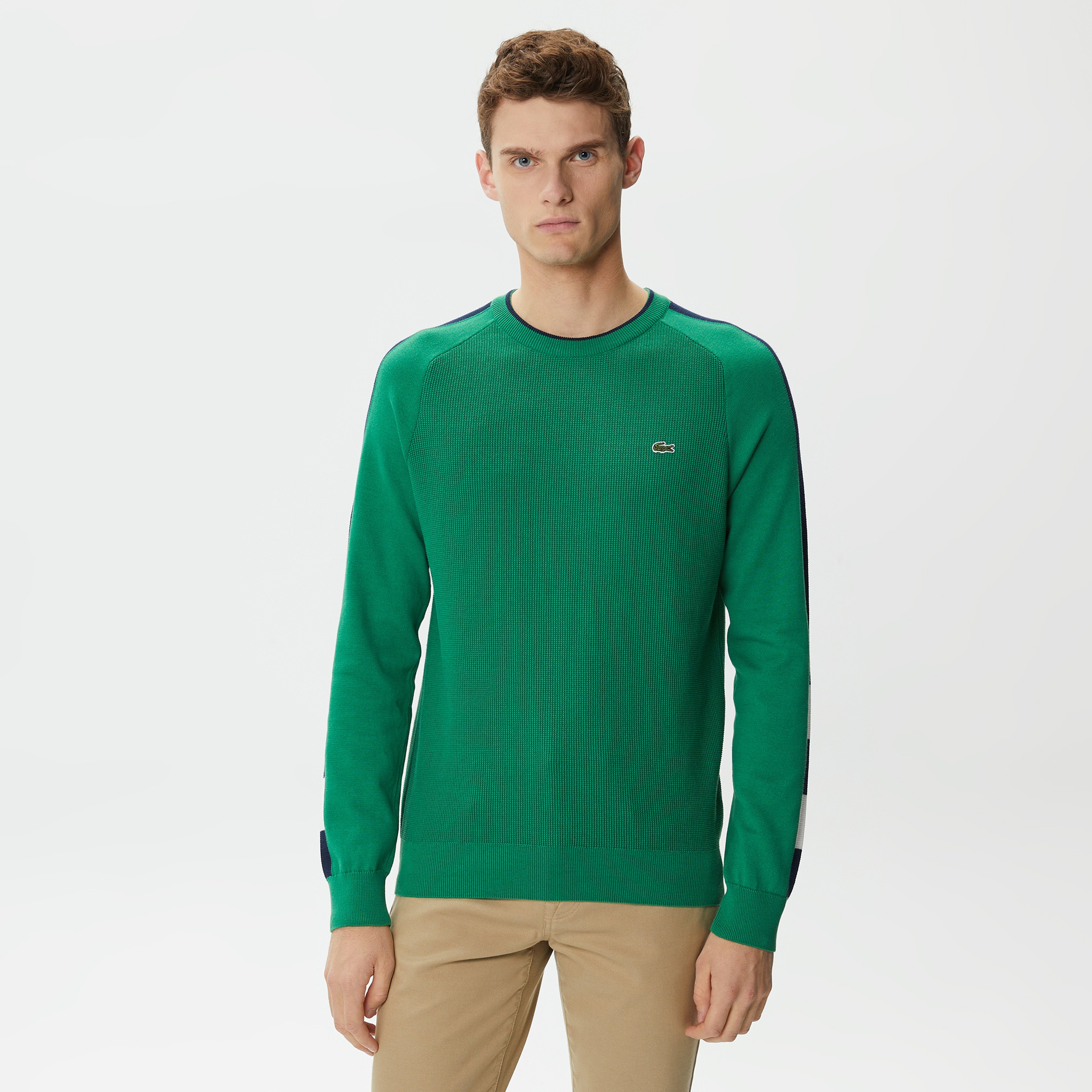 Erkek Regular Fit Uzun Kollu Bisiklet Yaka Renk Bloklu Koyu Yeşil Triko