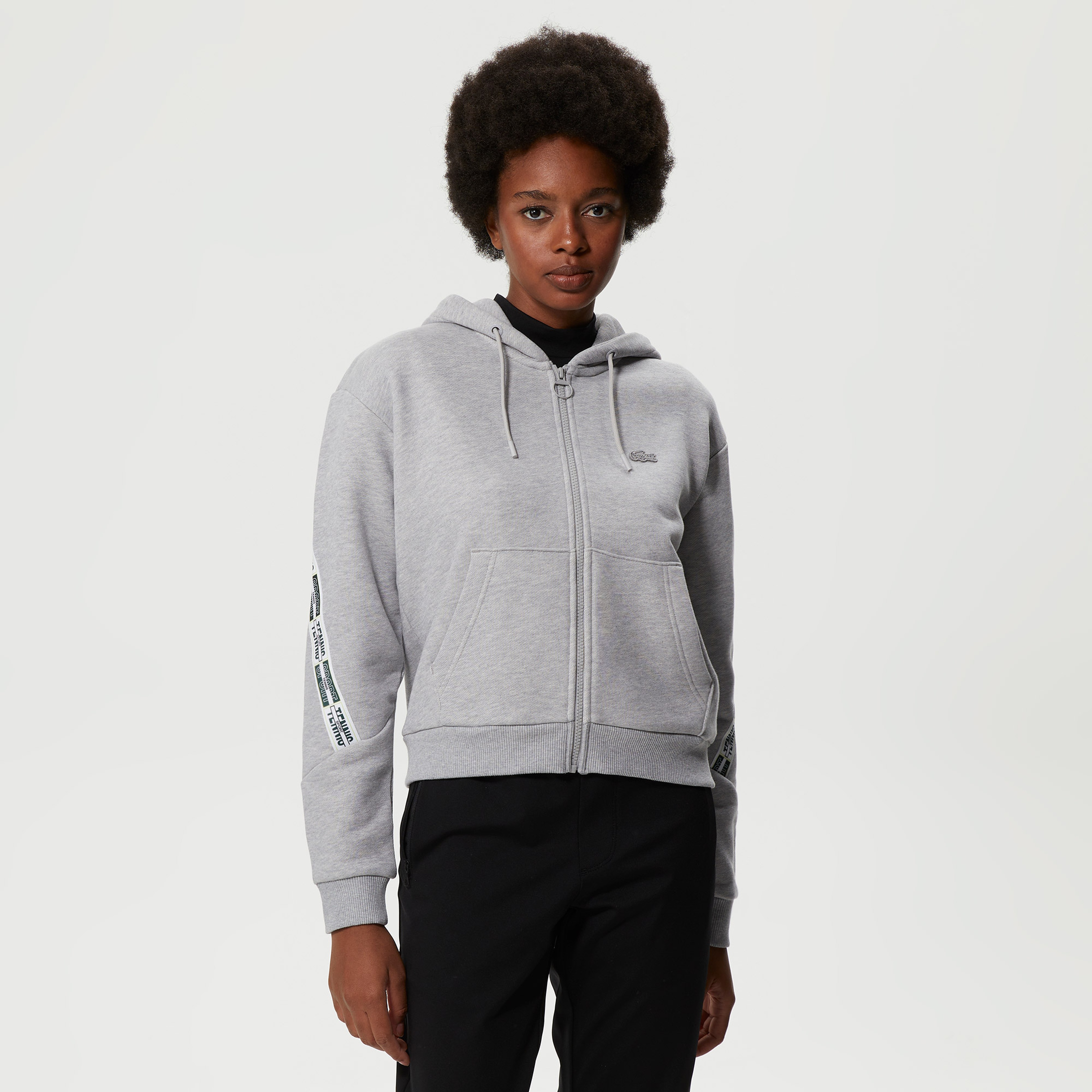 Kadın Crop Fit Kapüşonlu Baskılı Gri Sweatshirt