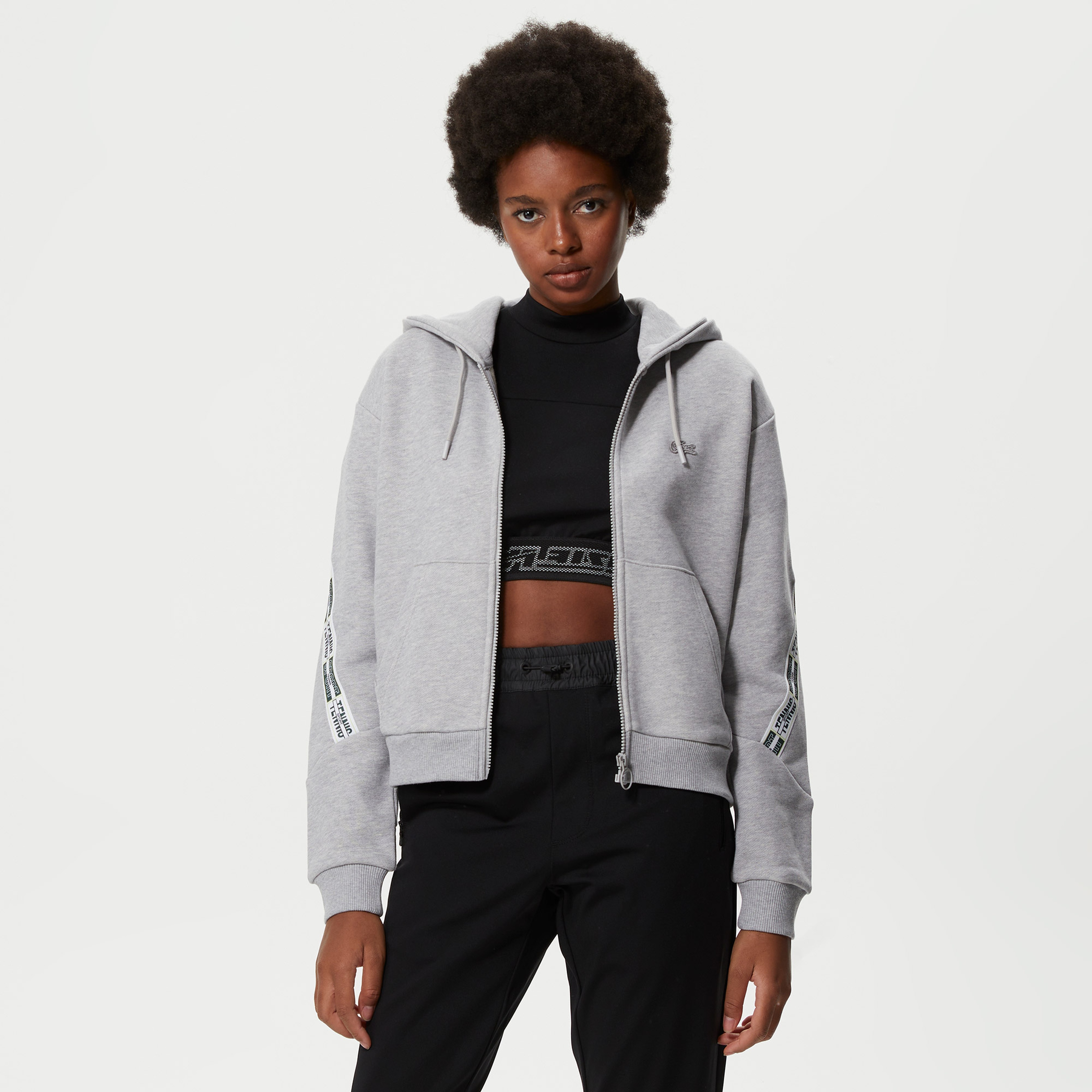 Kadın Crop Fit Kapüşonlu Baskılı Gri Sweatshirt