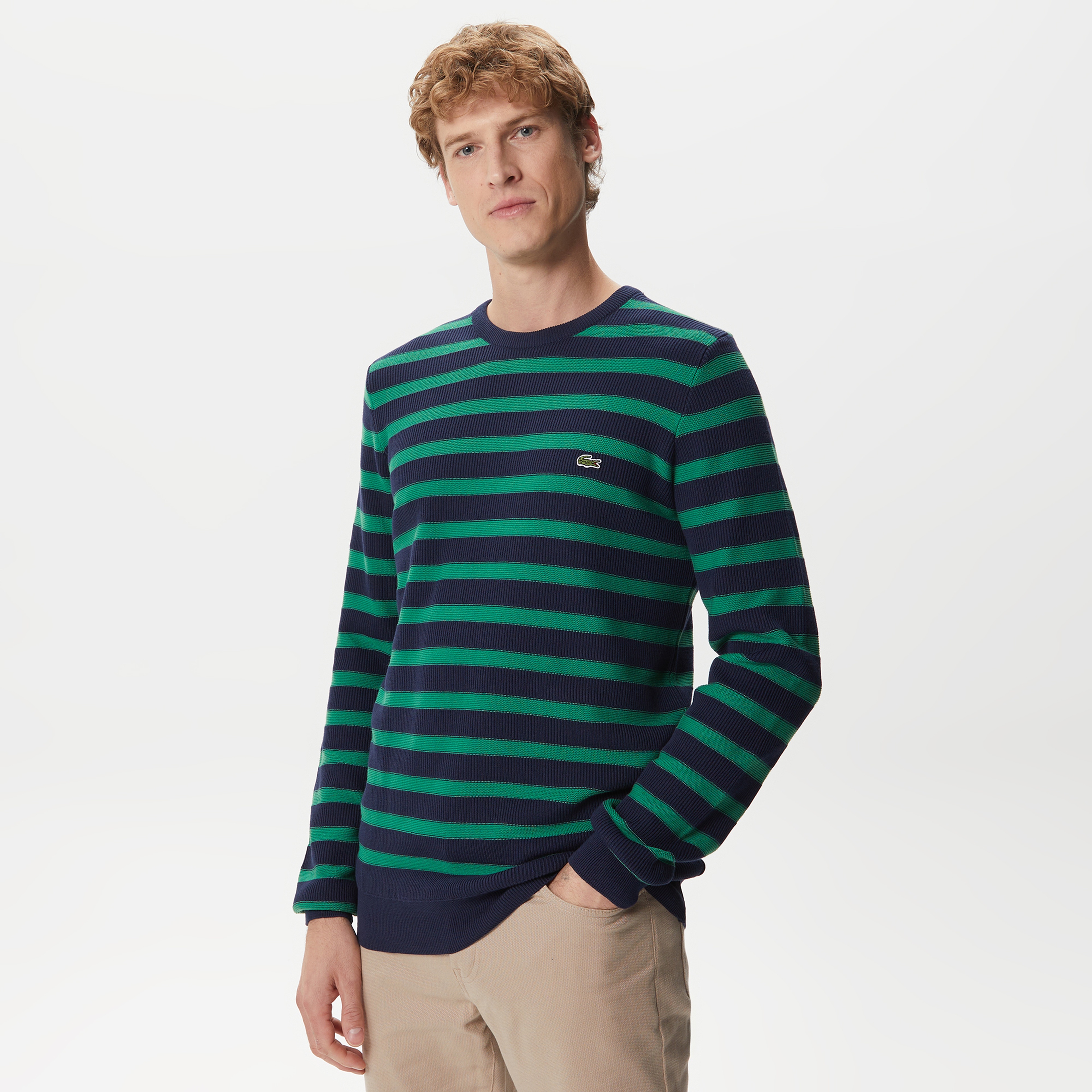 Erkek Regular Fit Uzun Kollu Bisiklet Yaka Çizgili Lacivert Triko