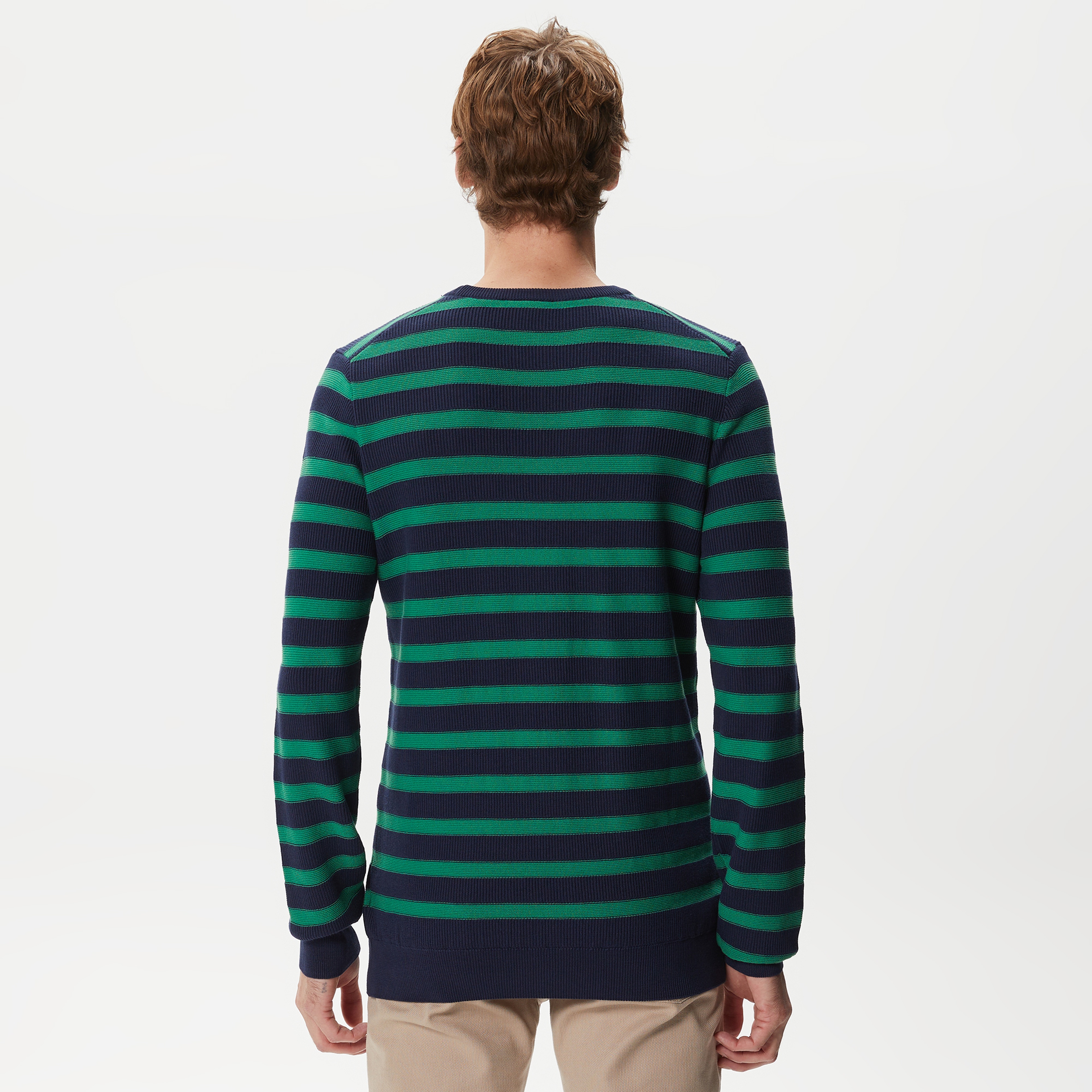 Erkek Regular Fit Uzun Kollu Bisiklet Yaka Çizgili Lacivert Triko