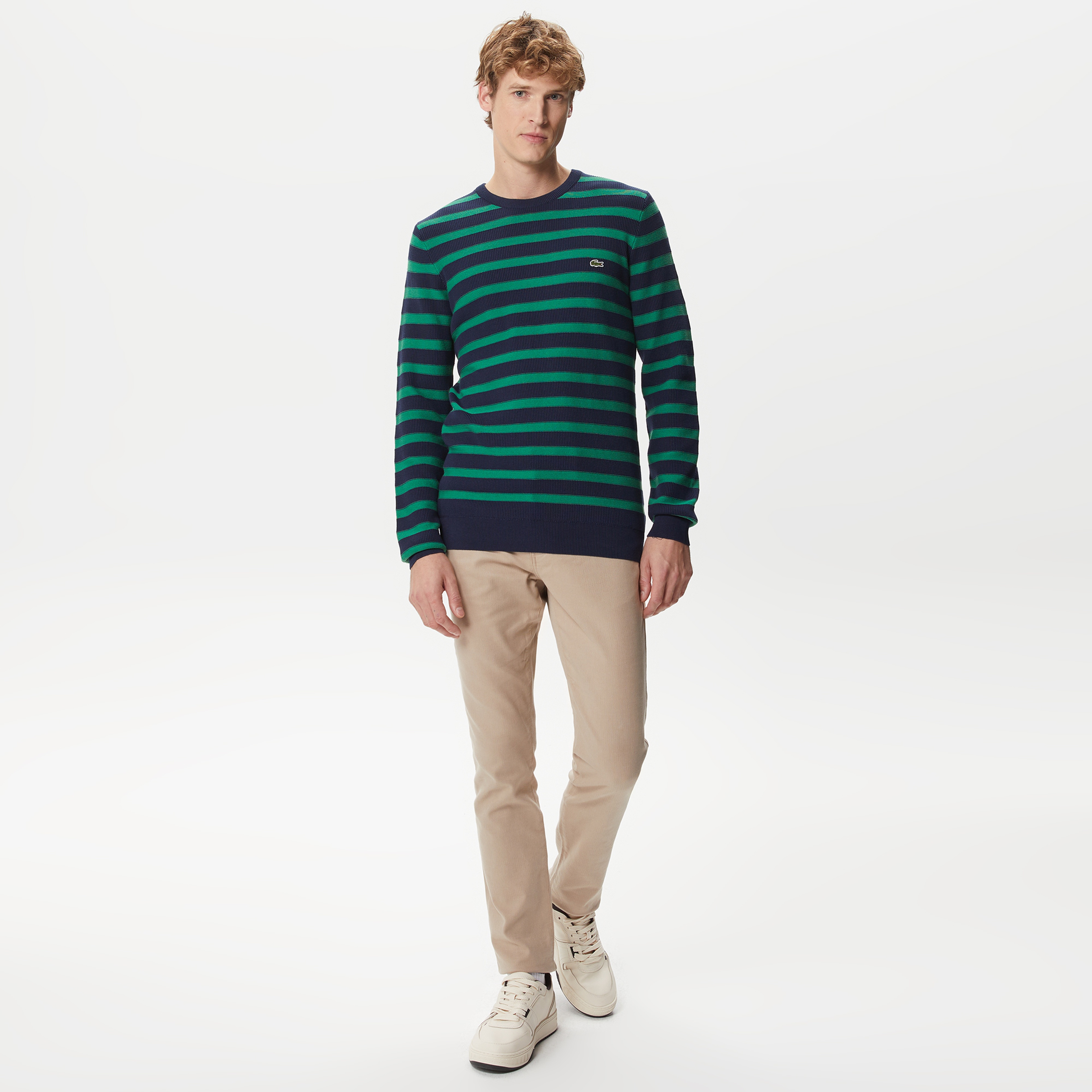 Erkek Regular Fit Uzun Kollu Bisiklet Yaka Çizgili Lacivert Triko