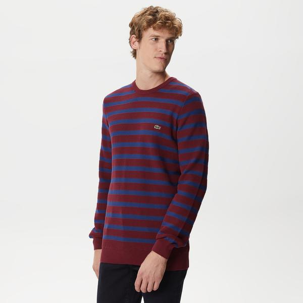 Erkek Regular Fit Uzun Kollu Bisiklet Yaka Çizgili Bordo Triko