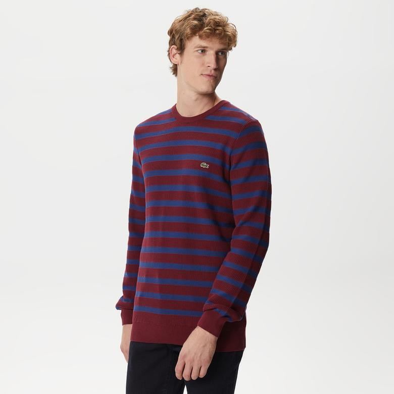 Erkek Regular Fit Uzun Kollu Bisiklet Yaka Çizgili Bordo Triko