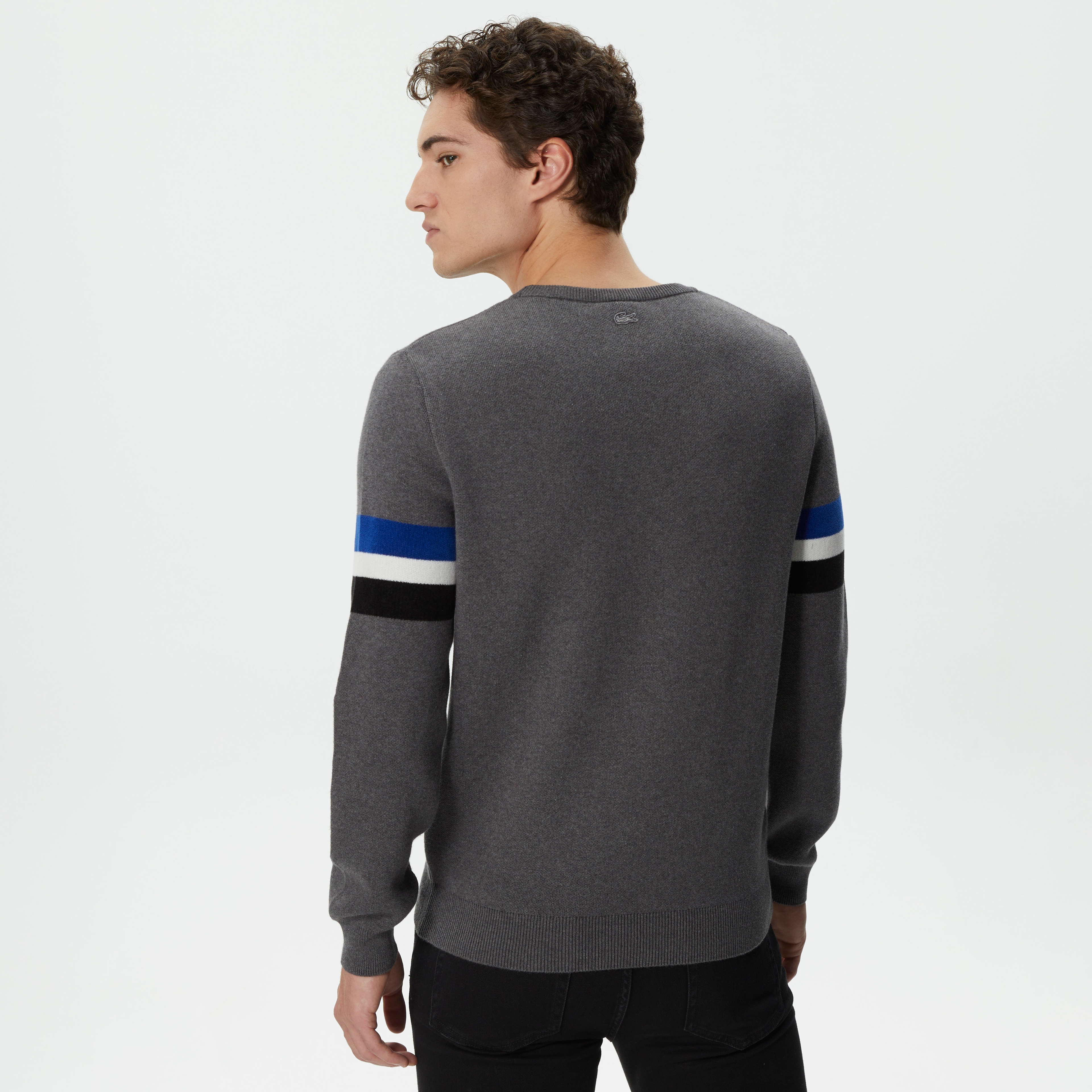 Erkek Regular Fit Uzun Kollu Bisiklet Yaka Renk Bloklu Koyu Gri Triko