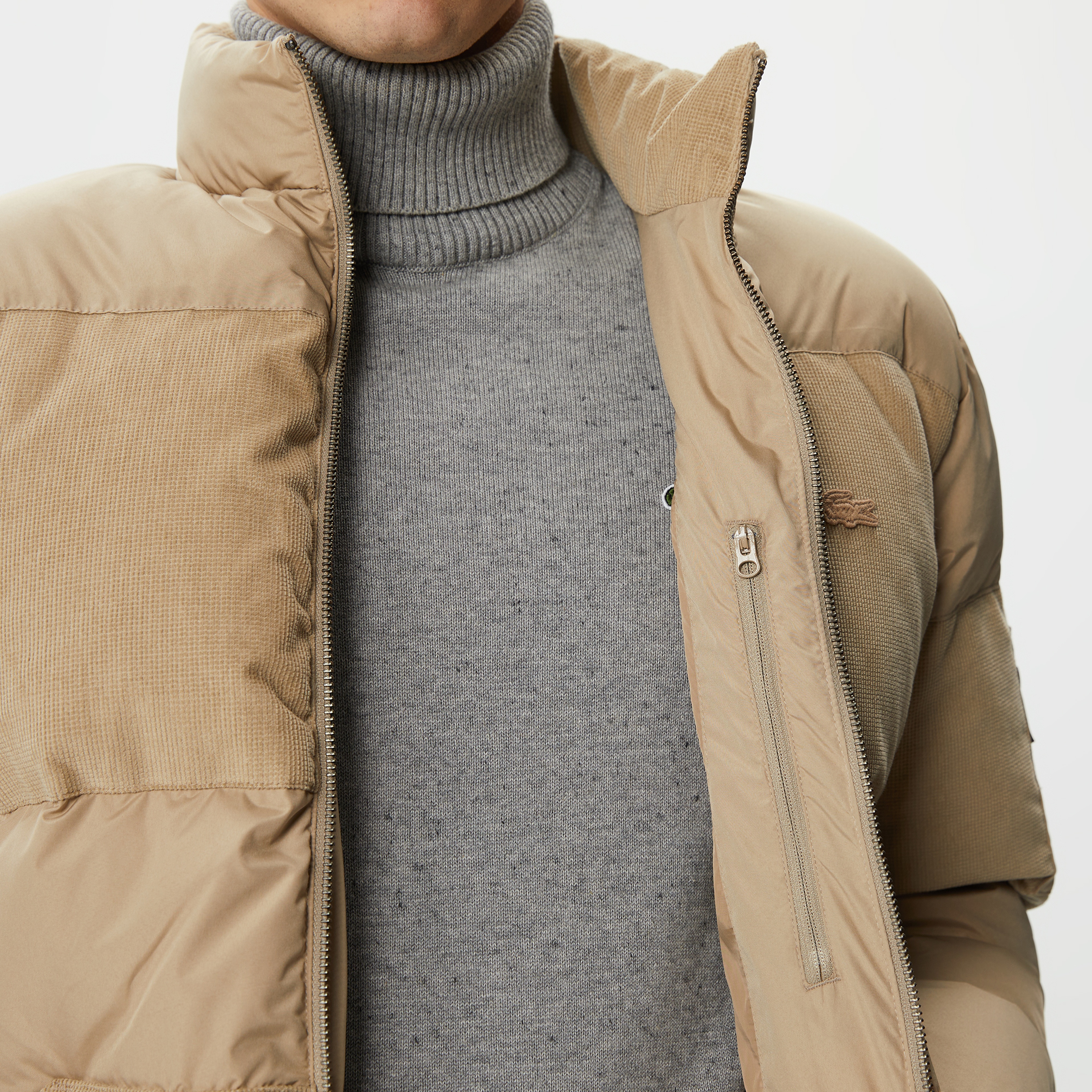 Erkek Gömlek Yaka Renk Bloklu Bej Mont