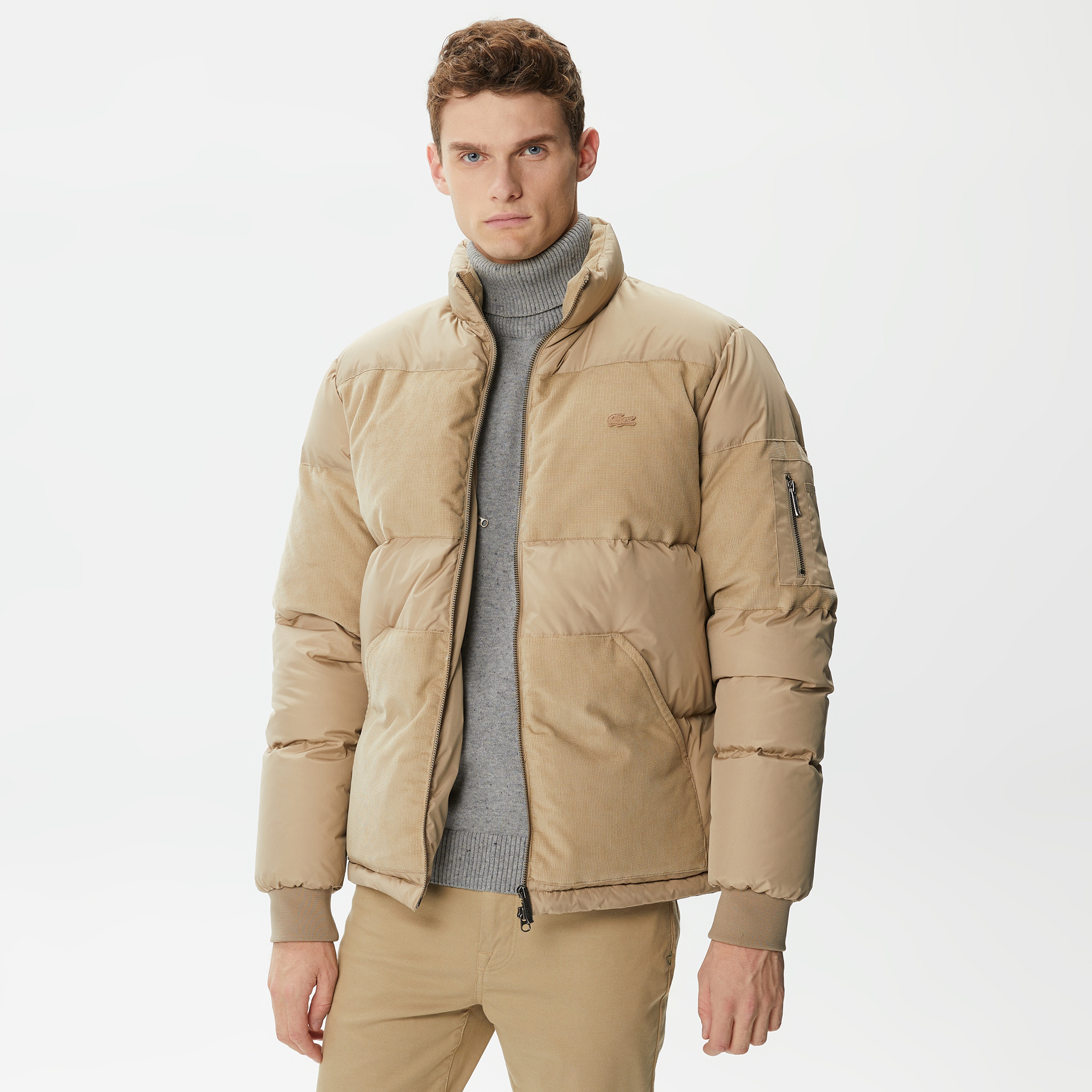 Erkek Gömlek Yaka Renk Bloklu Bej Mont