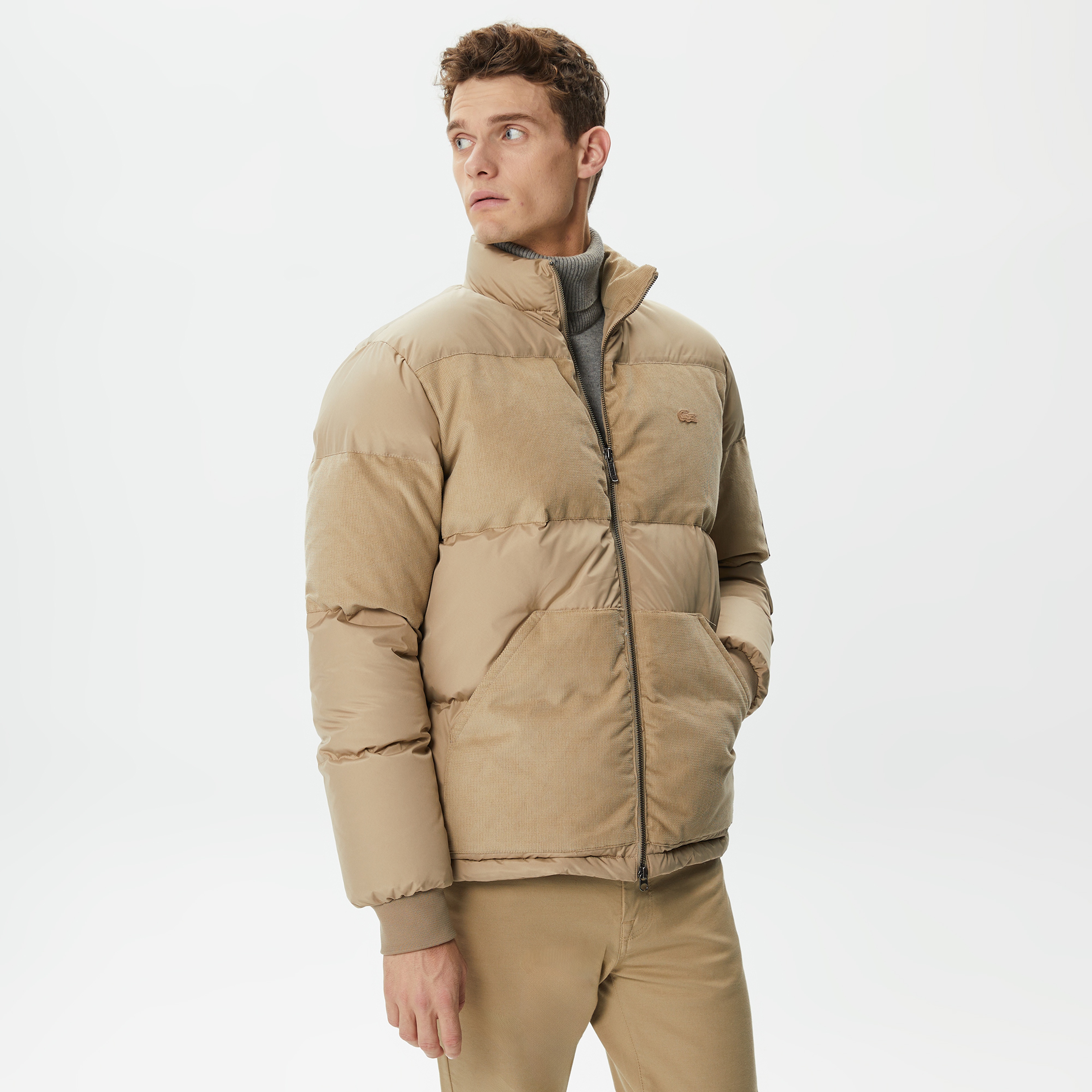 Erkek Gömlek Yaka Renk Bloklu Bej Mont