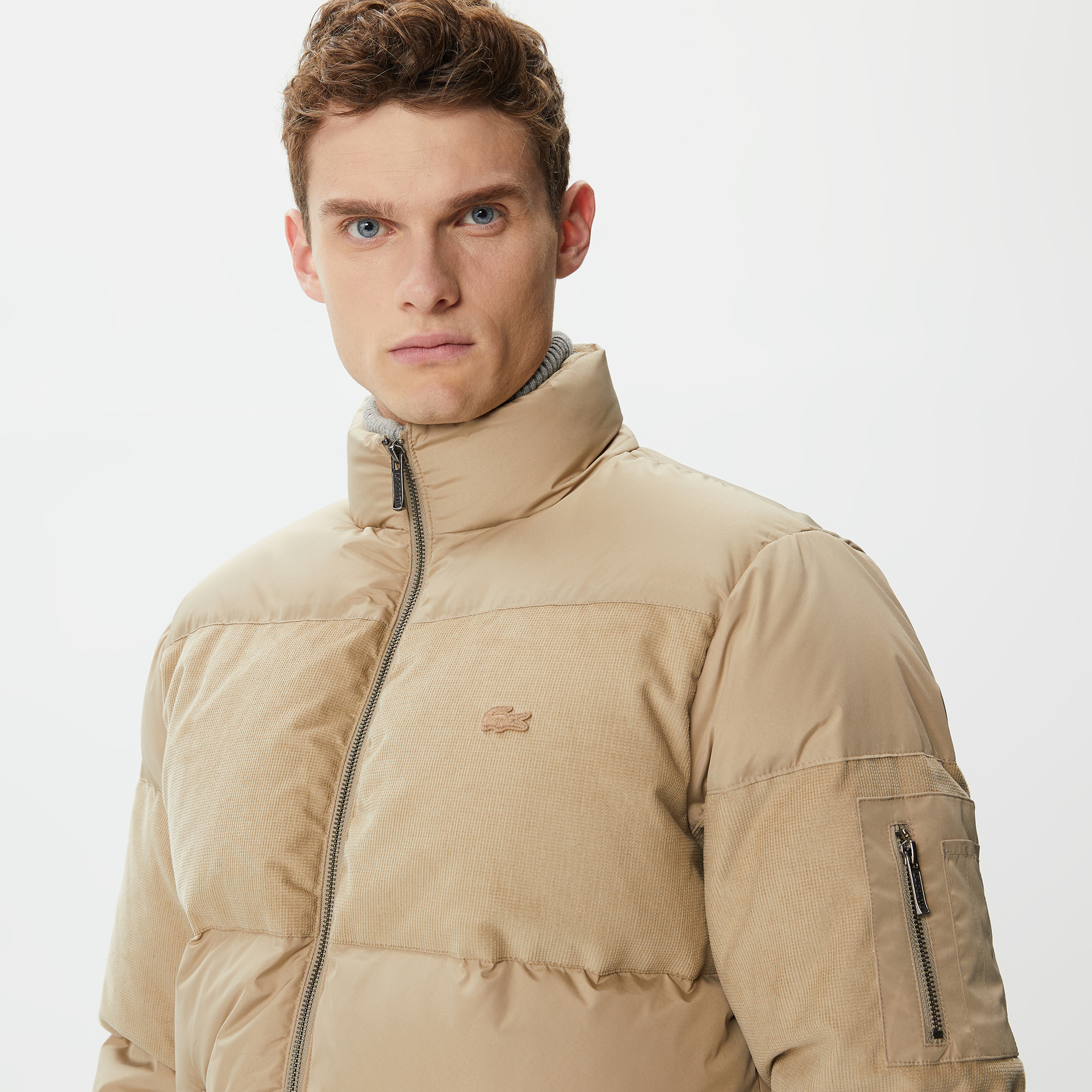 Erkek Gömlek Yaka Renk Bloklu Bej Mont