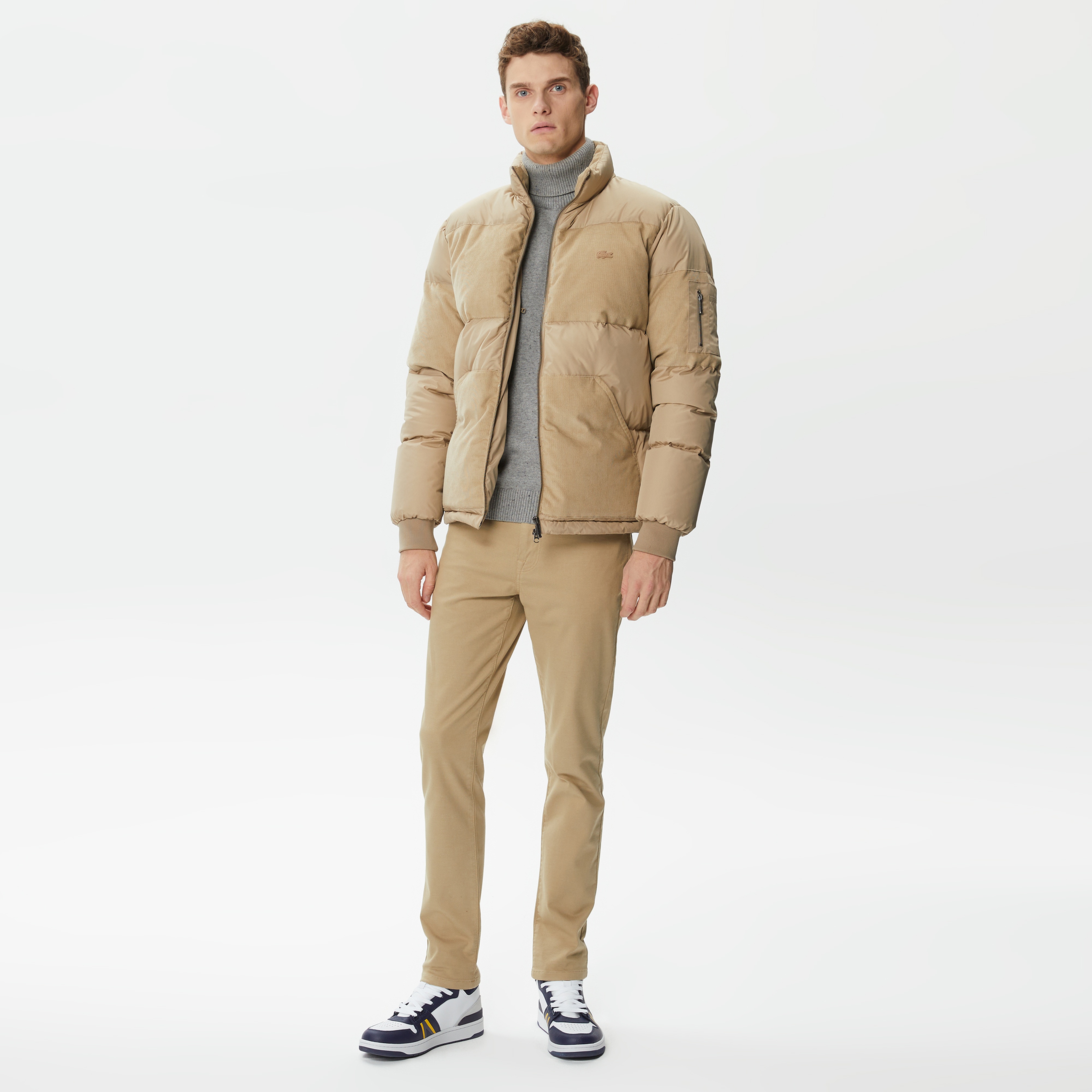 Erkek Gömlek Yaka Renk Bloklu Bej Mont