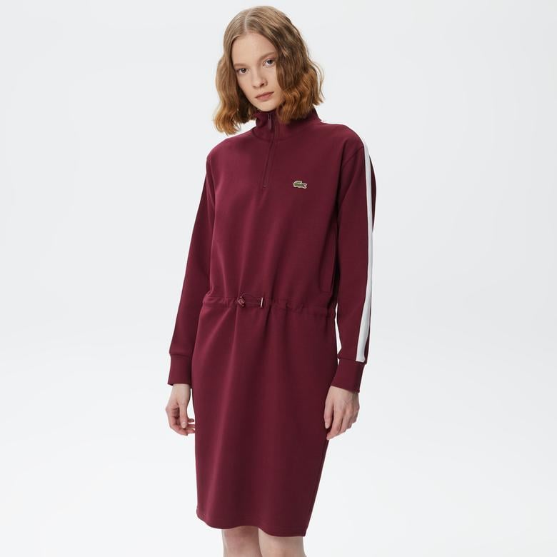 Kadın Loose Fit Uzun Kollu Dik Yaka Baskılı Bordo Elbise