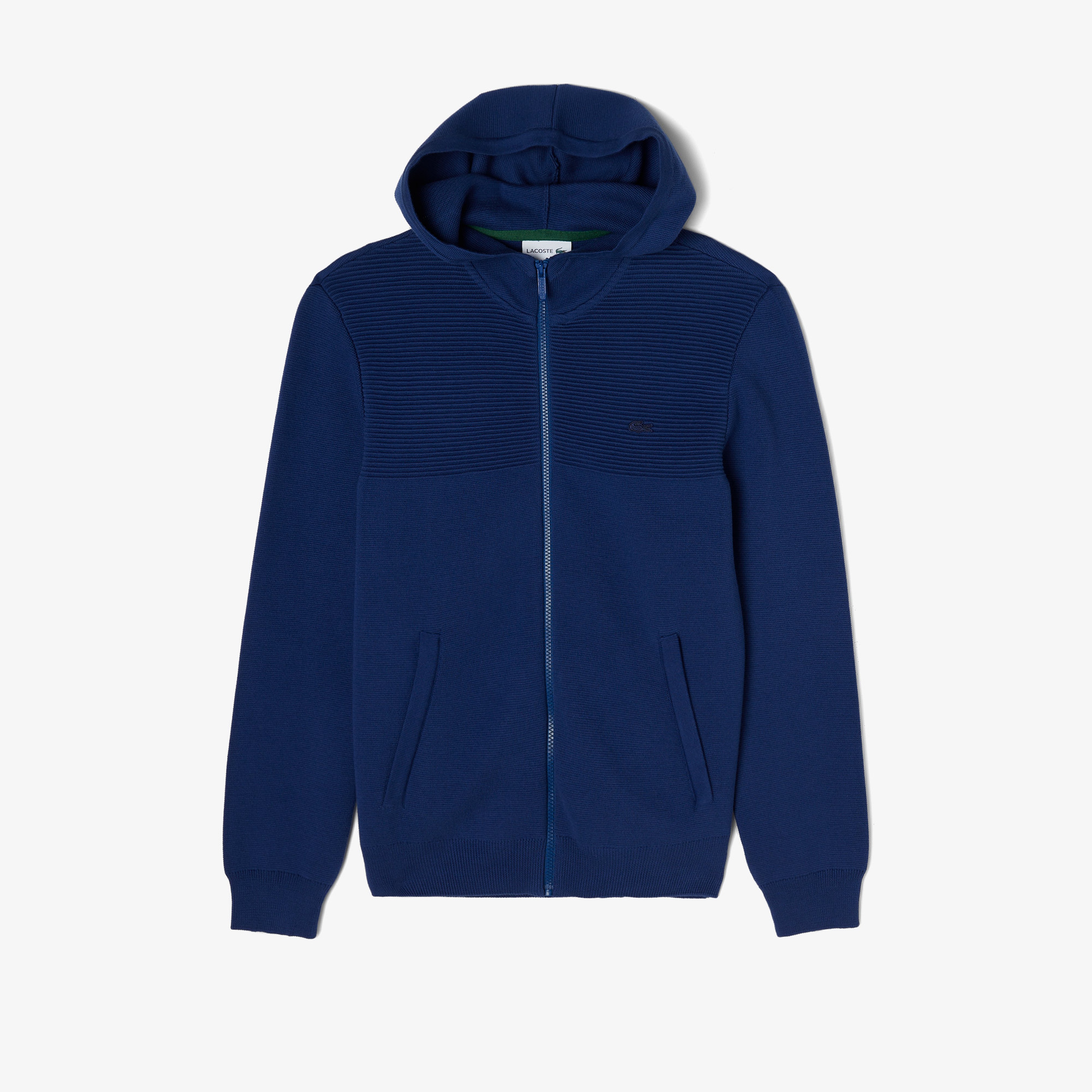 Erkek Regular Fit Uzun Kollu Kapüşonlu Desenli Koyu Mavi Triko