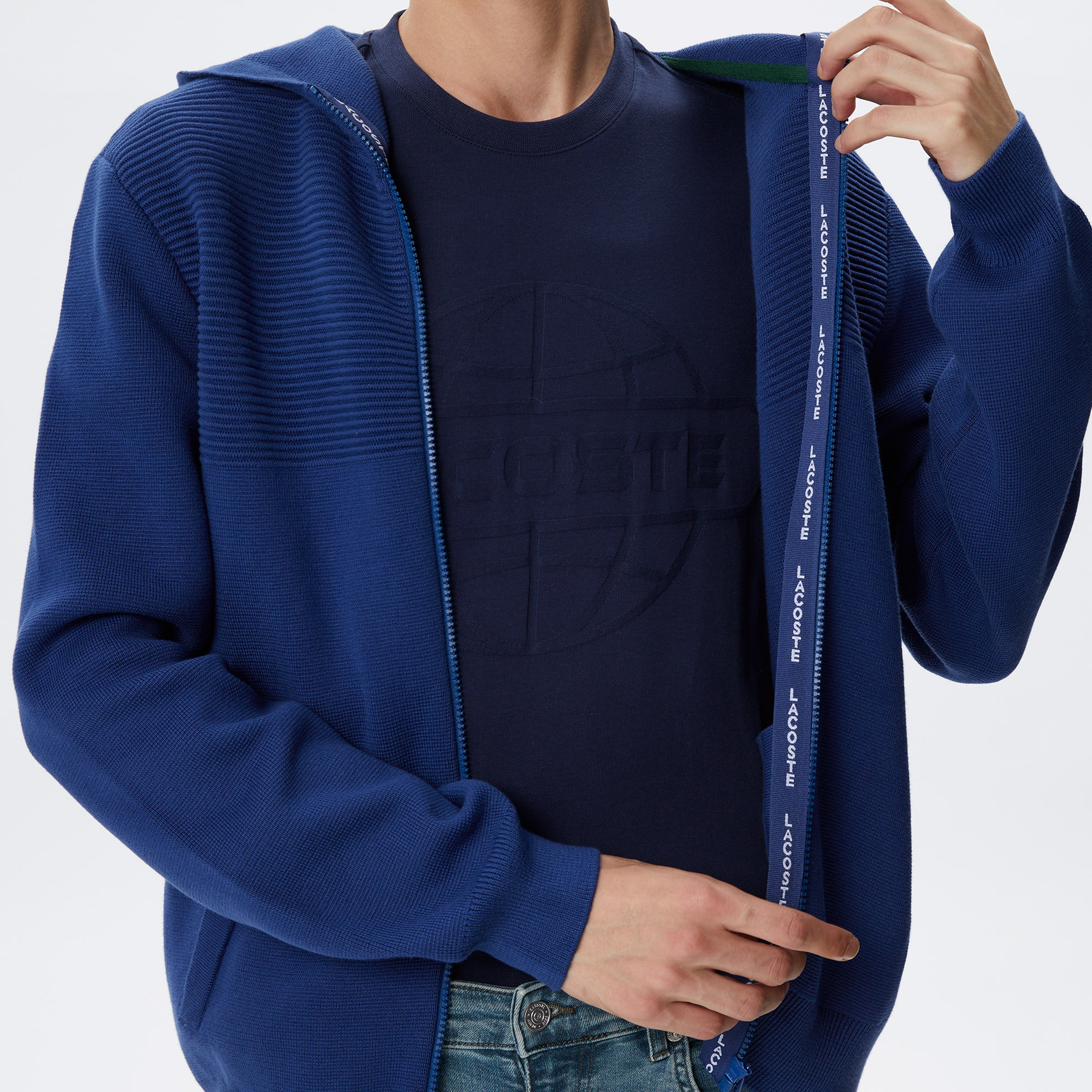 Erkek Regular Fit Uzun Kollu Kapüşonlu Desenli Koyu Mavi Triko