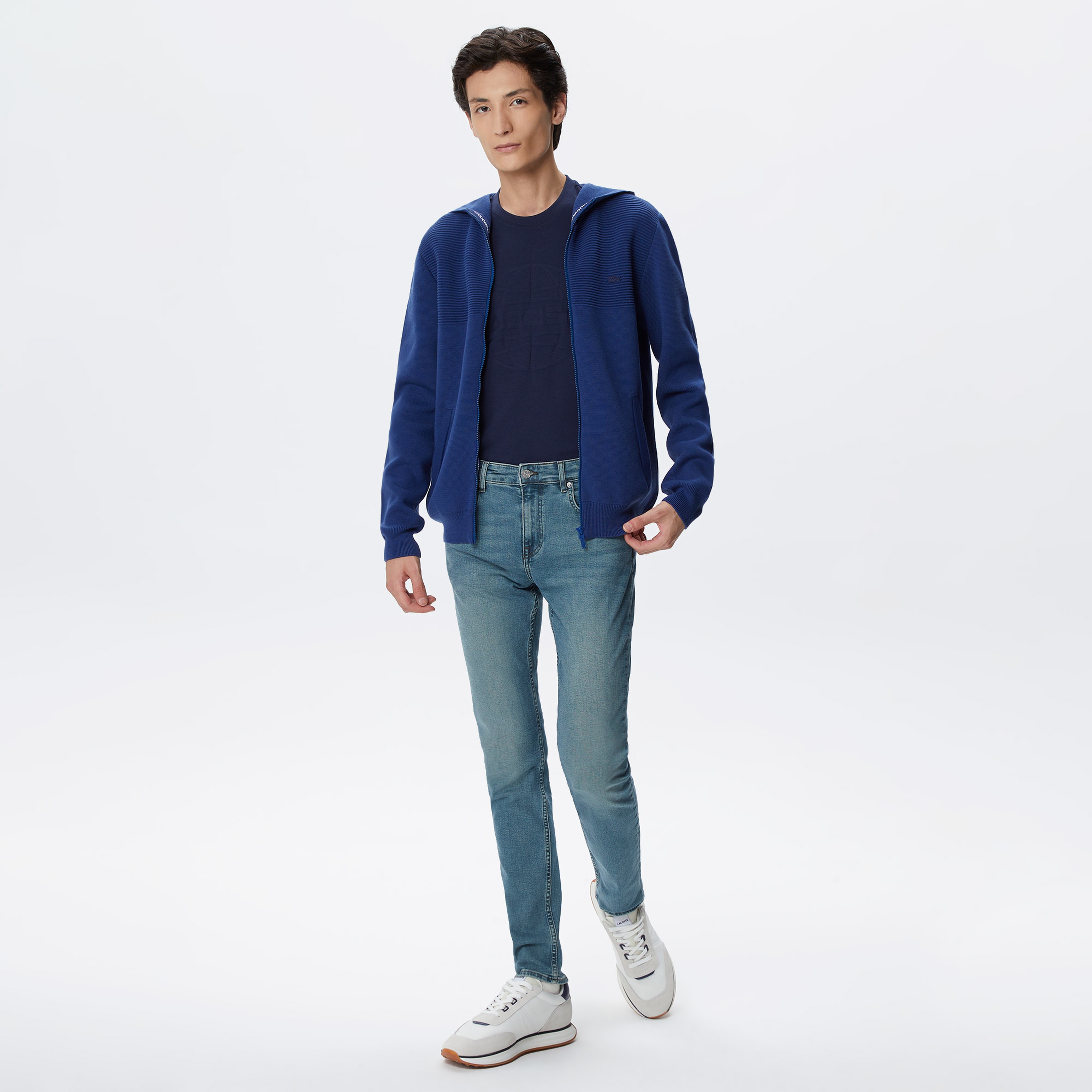 Erkek Regular Fit Uzun Kollu Kapüşonlu Desenli Koyu Mavi Triko