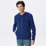 Erkek Regular Fit Uzun Kollu Kapüşonlu Desenli Koyu Mavi Triko