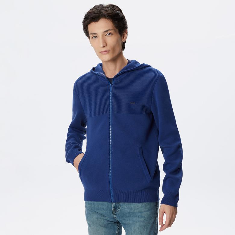 Erkek Regular Fit Uzun Kollu Kapüşonlu Desenli Koyu Mavi Triko