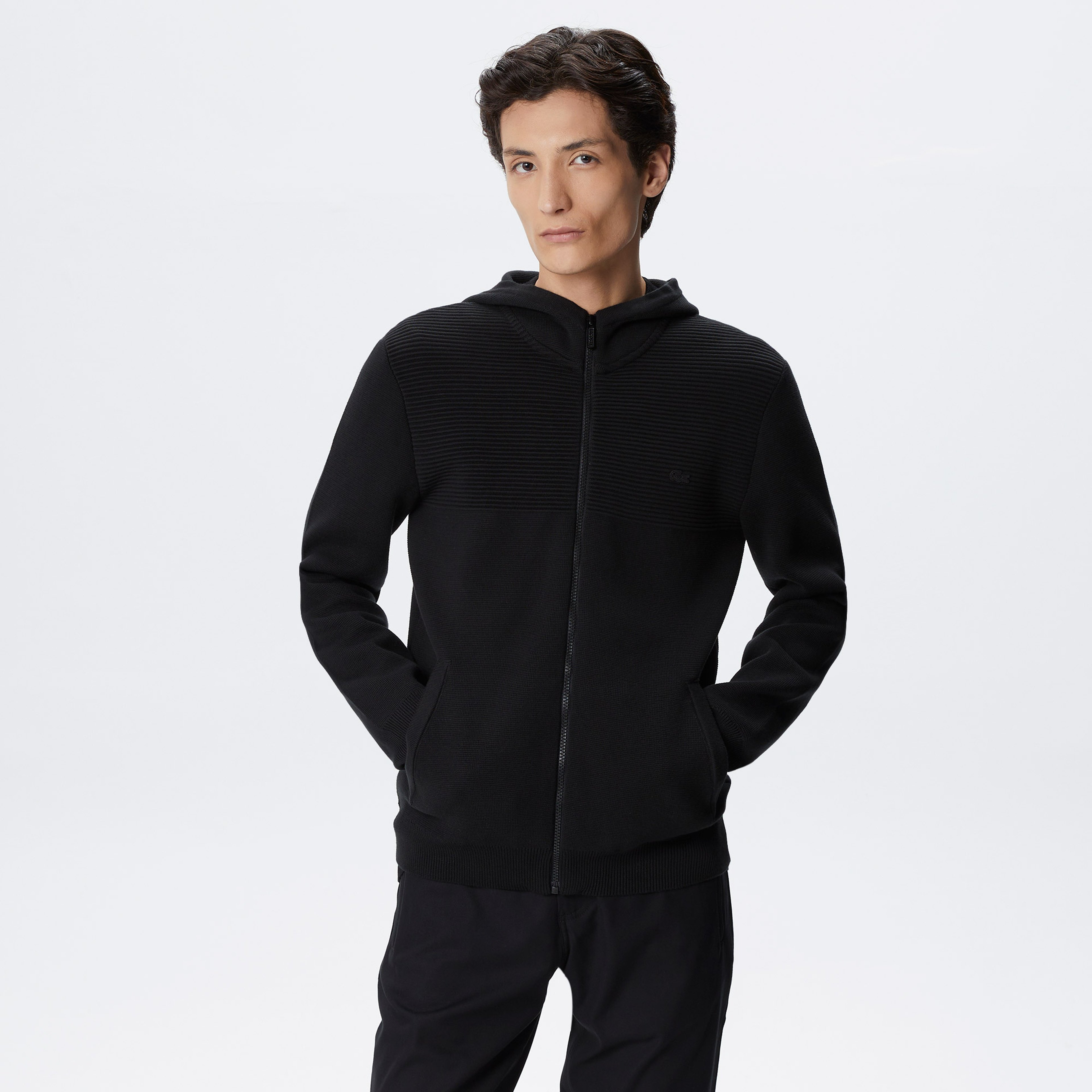 Erkek Regular Fit Uzun Kollu Kapüşonlu Desenli Siyah Triko