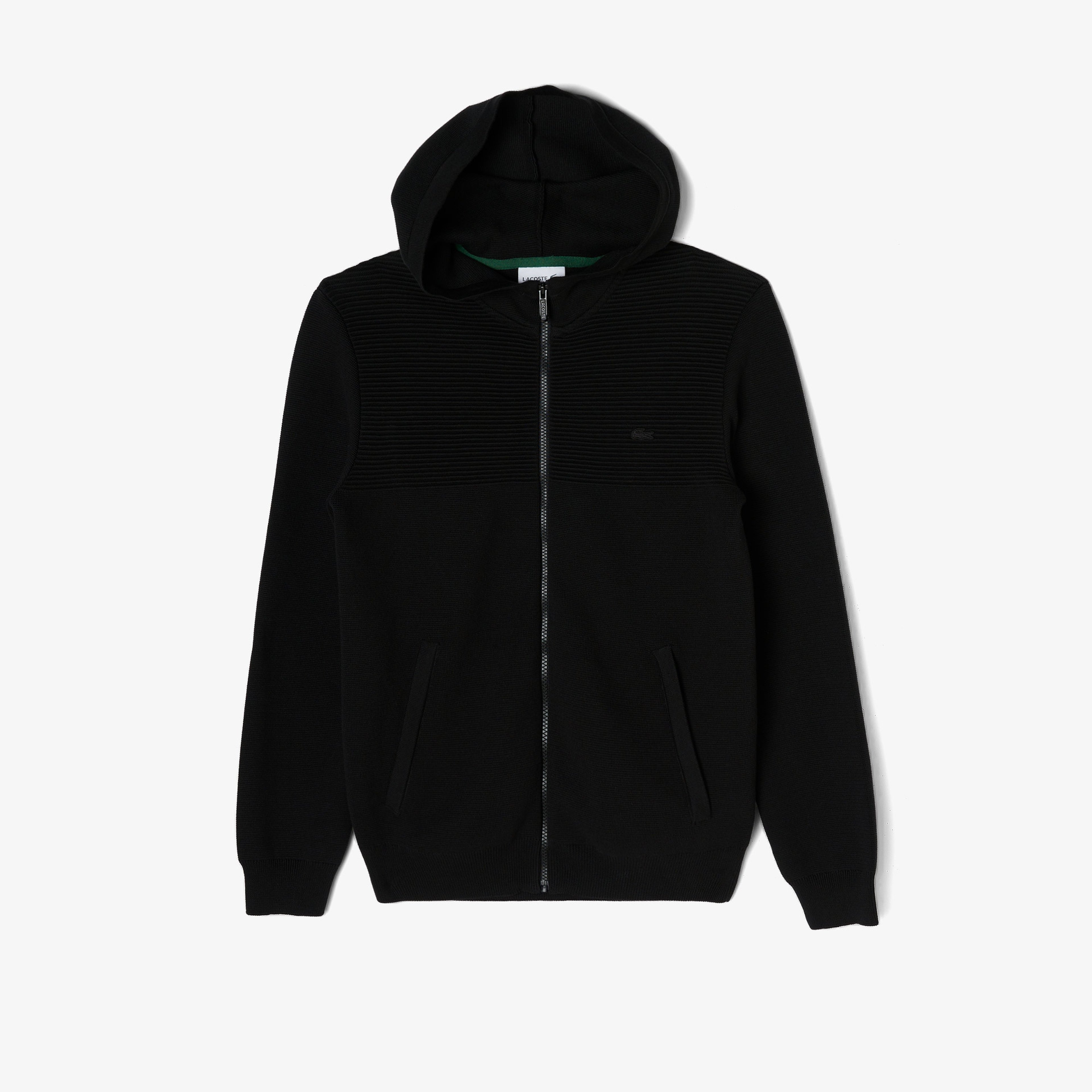 Erkek Regular Fit Uzun Kollu Kapüşonlu Desenli Siyah Triko