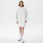 Kadın Loose Fit Truvakar Kollu Kapüşonlu Baskılı Beyaz Elbise