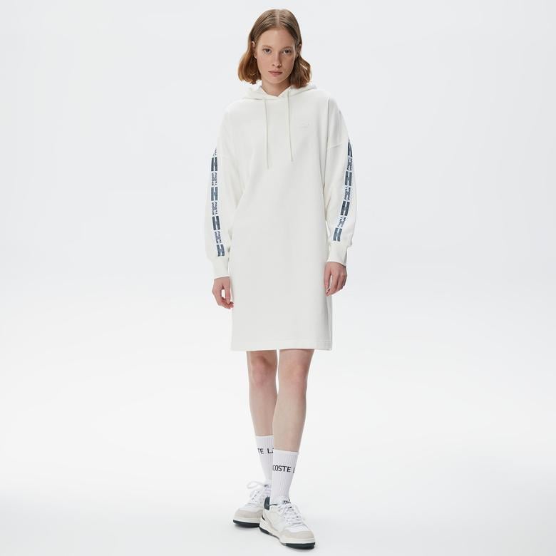 Kadın Loose Fit Truvakar Kollu Kapüşonlu Baskılı Beyaz Elbise