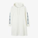 Kadın Loose Fit Truvakar Kollu Kapüşonlu Baskılı Beyaz Elbise