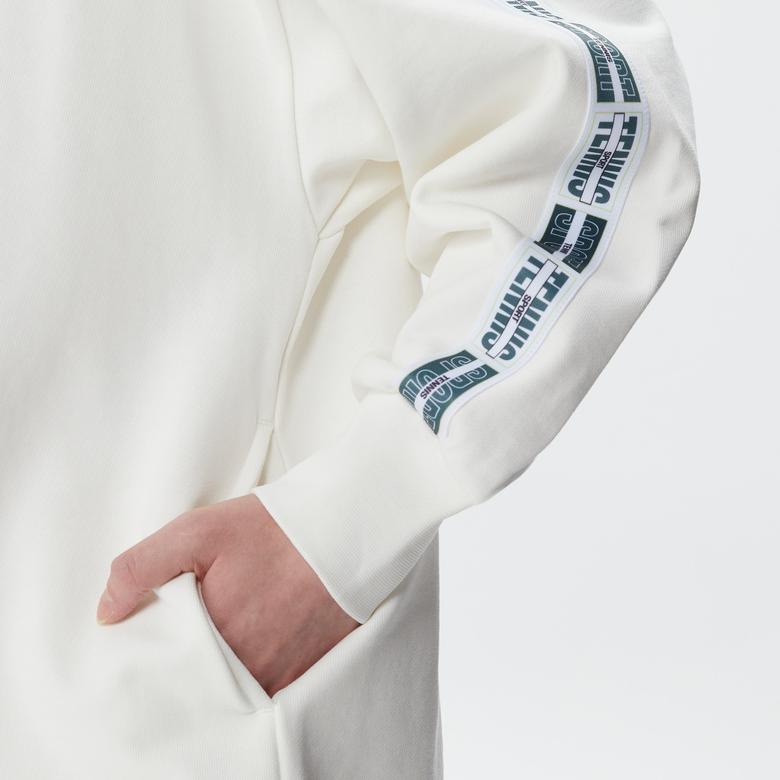 Kadın Loose Fit Truvakar Kollu Kapüşonlu Baskılı Beyaz Elbise