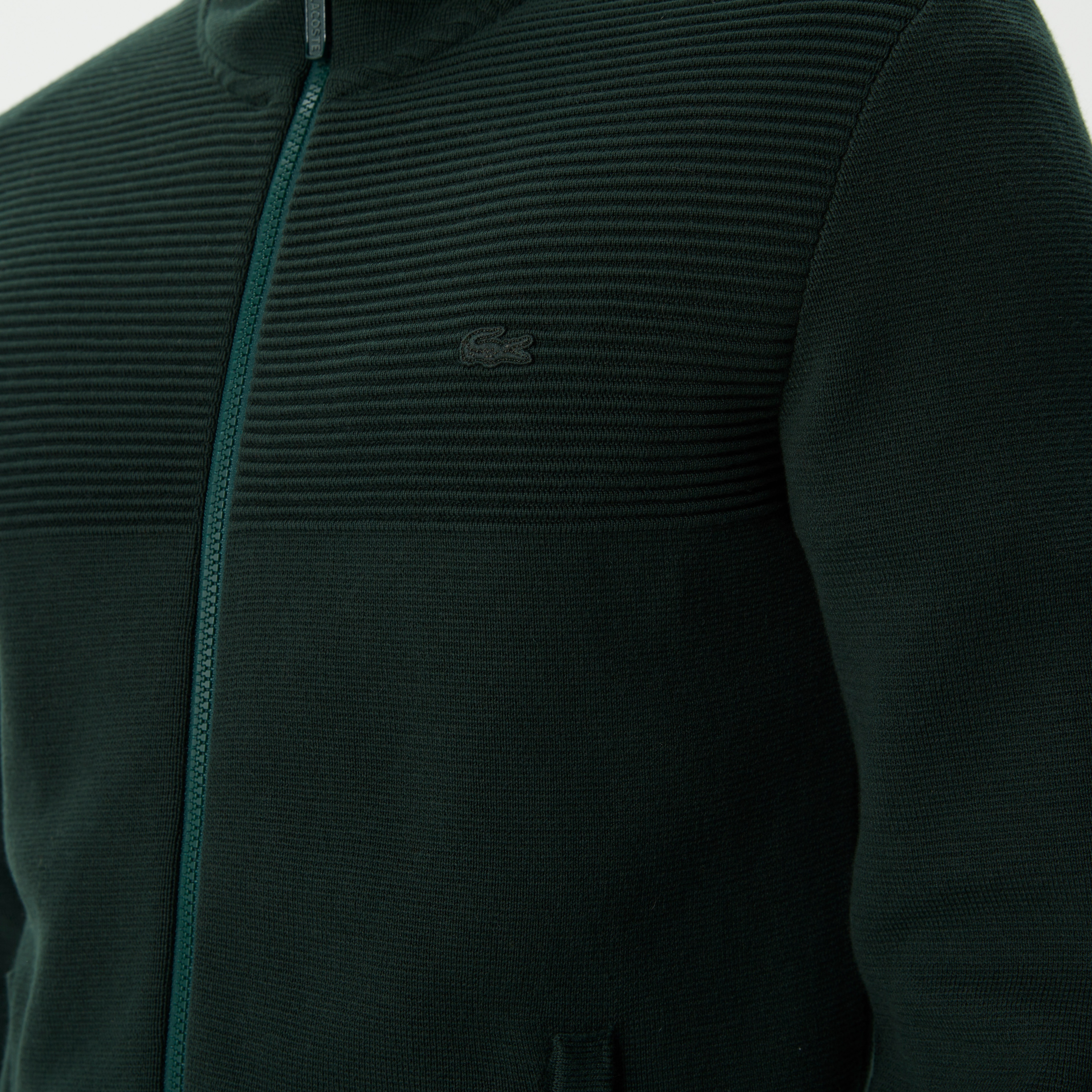 Erkek Regular Fit Uzun Kollu Kapüşonlu Desenli Koyu Yeşil Triko