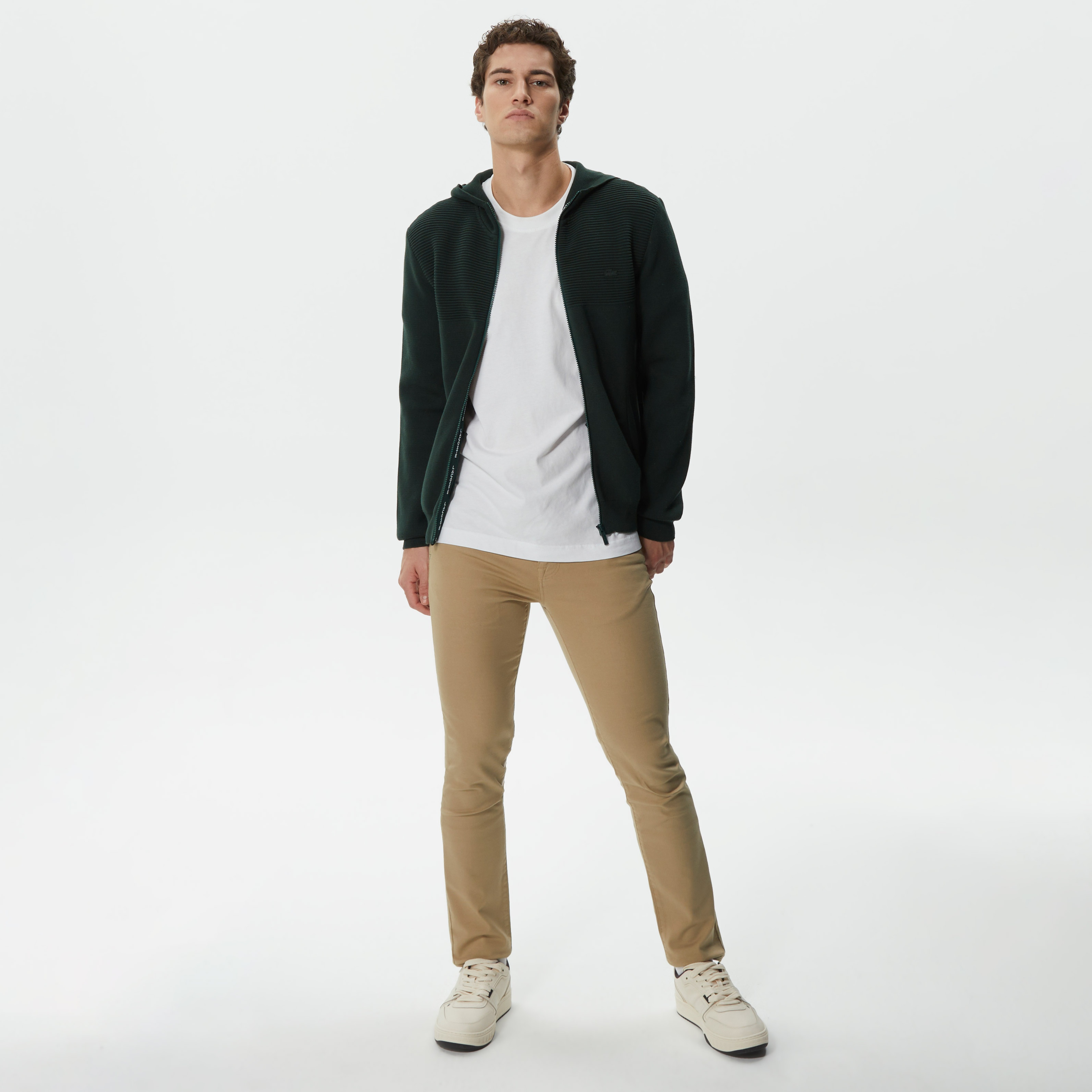 Erkek Regular Fit Uzun Kollu Kapüşonlu Desenli Koyu Yeşil Triko