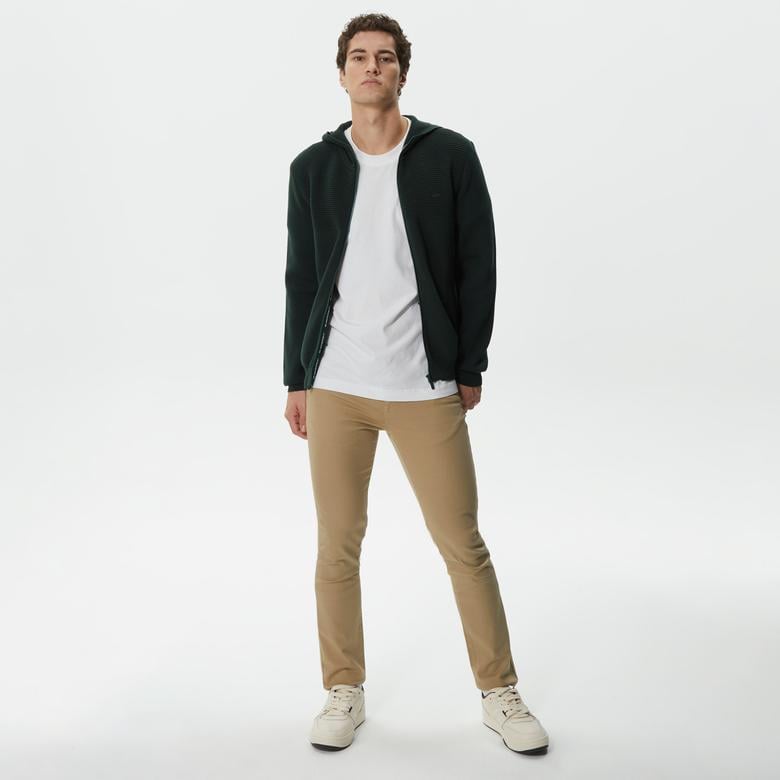 Erkek Regular Fit Uzun Kollu Kapüşonlu Desenli Koyu Yeşil Triko