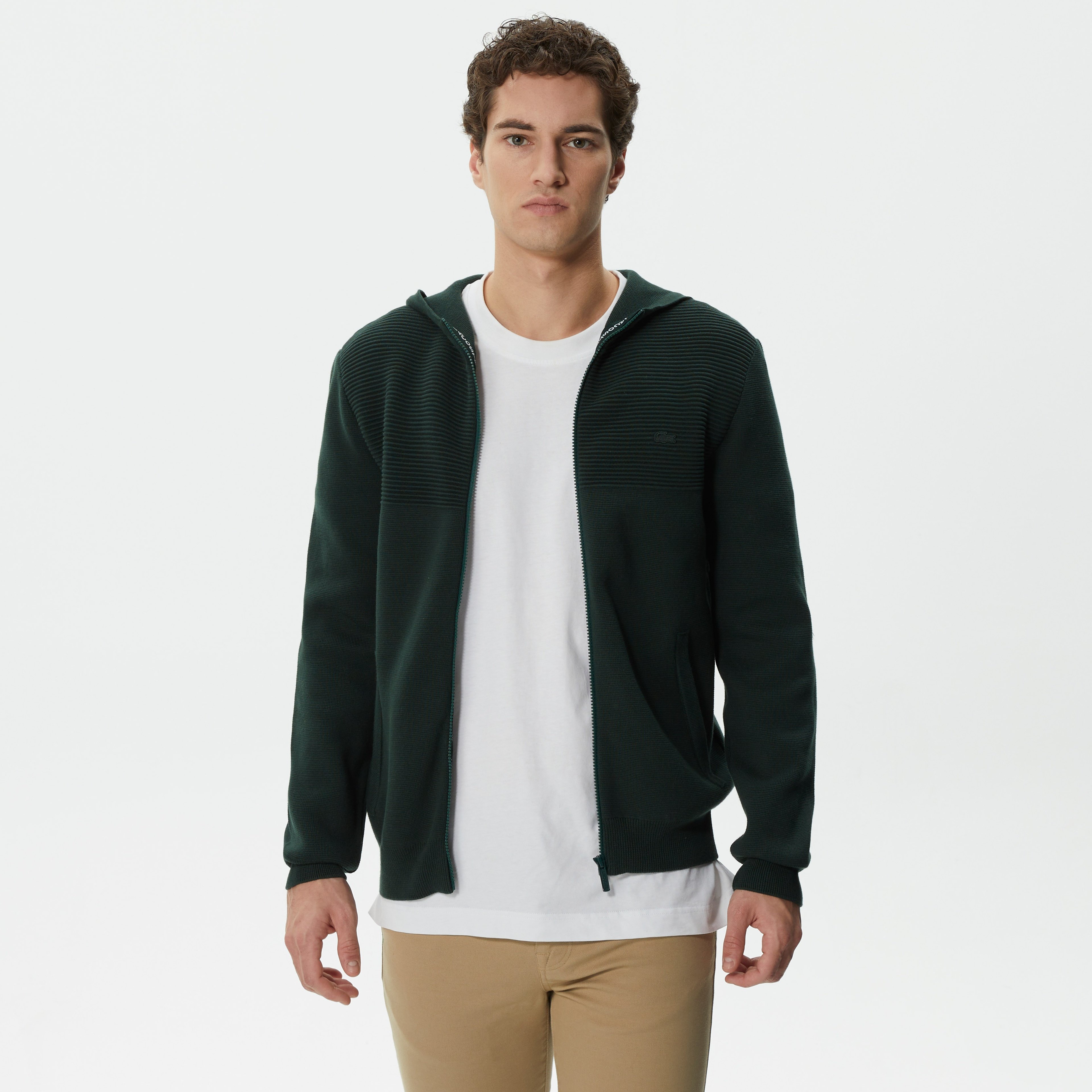 Erkek Regular Fit Uzun Kollu Kapüşonlu Desenli Koyu Yeşil Triko