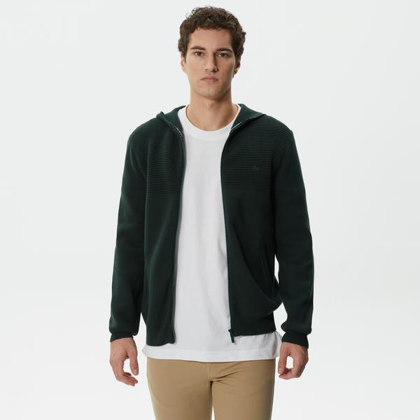 Erkek Regular Fit Uzun Kollu Kapüşonlu Desenli Koyu Yeşil Triko