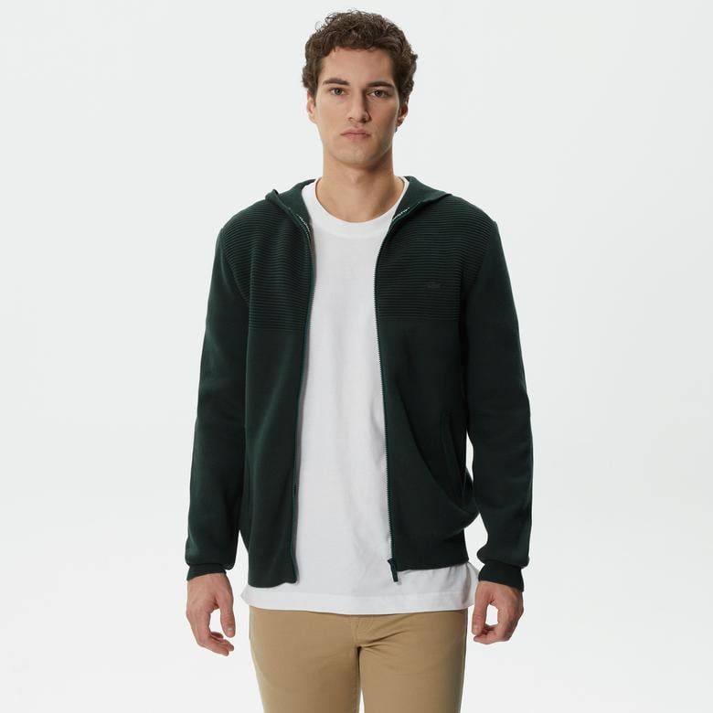 Erkek Regular Fit Uzun Kollu Kapüşonlu Desenli Koyu Yeşil Triko