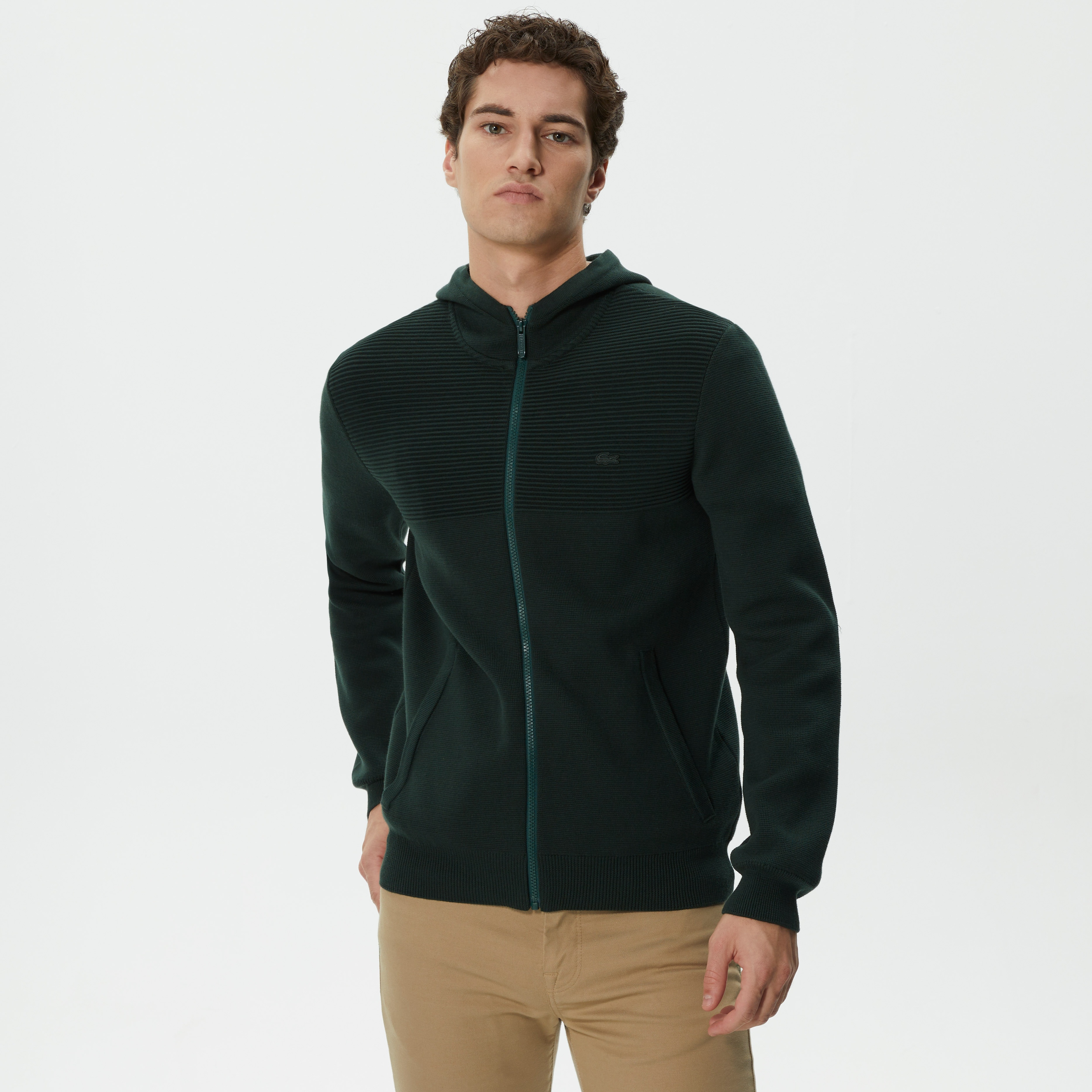 Erkek Regular Fit Uzun Kollu Kapüşonlu Desenli Koyu Yeşil Triko