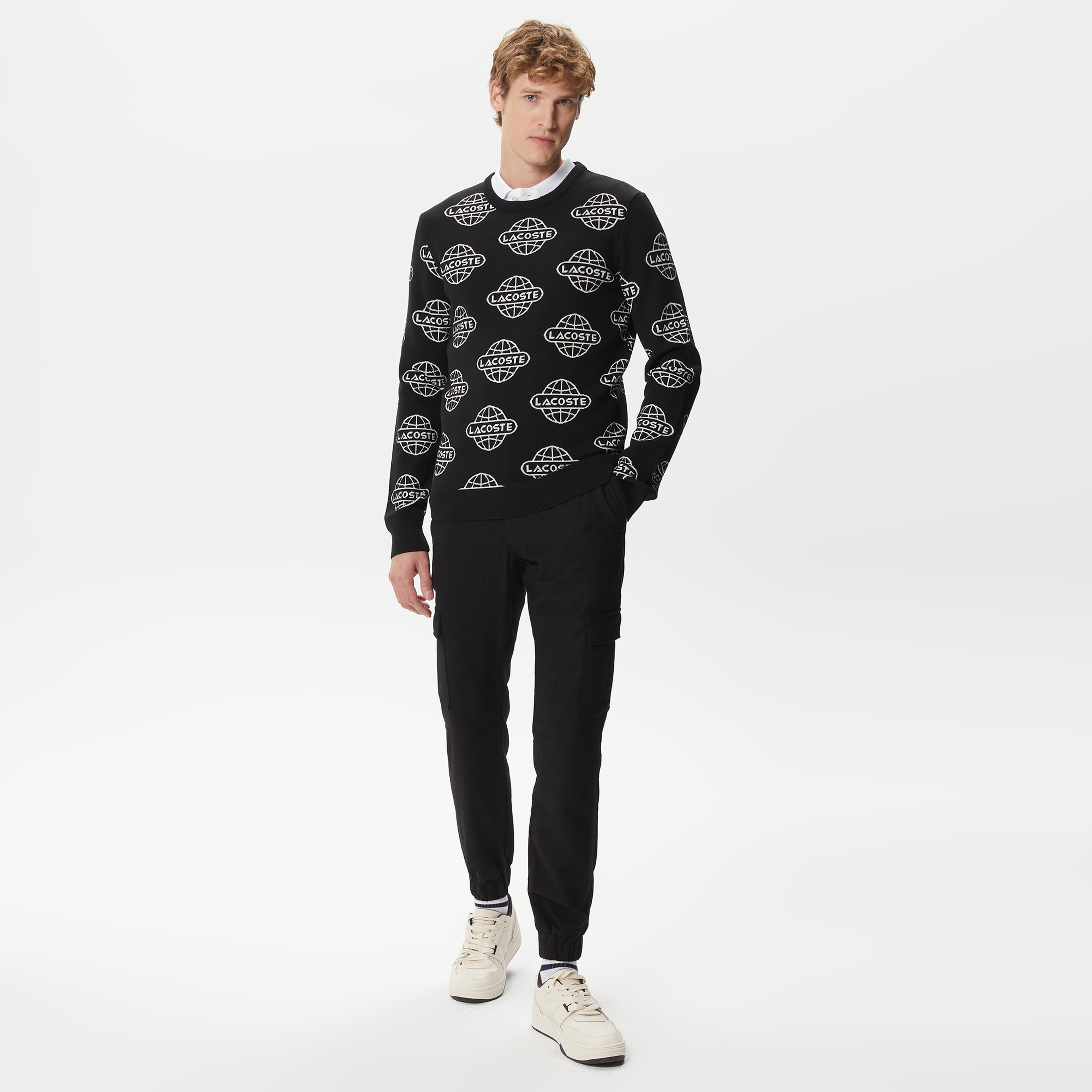 Erkek Regular Fit Uzun Kollu Bisiklet Yaka Desenli Siyah Triko