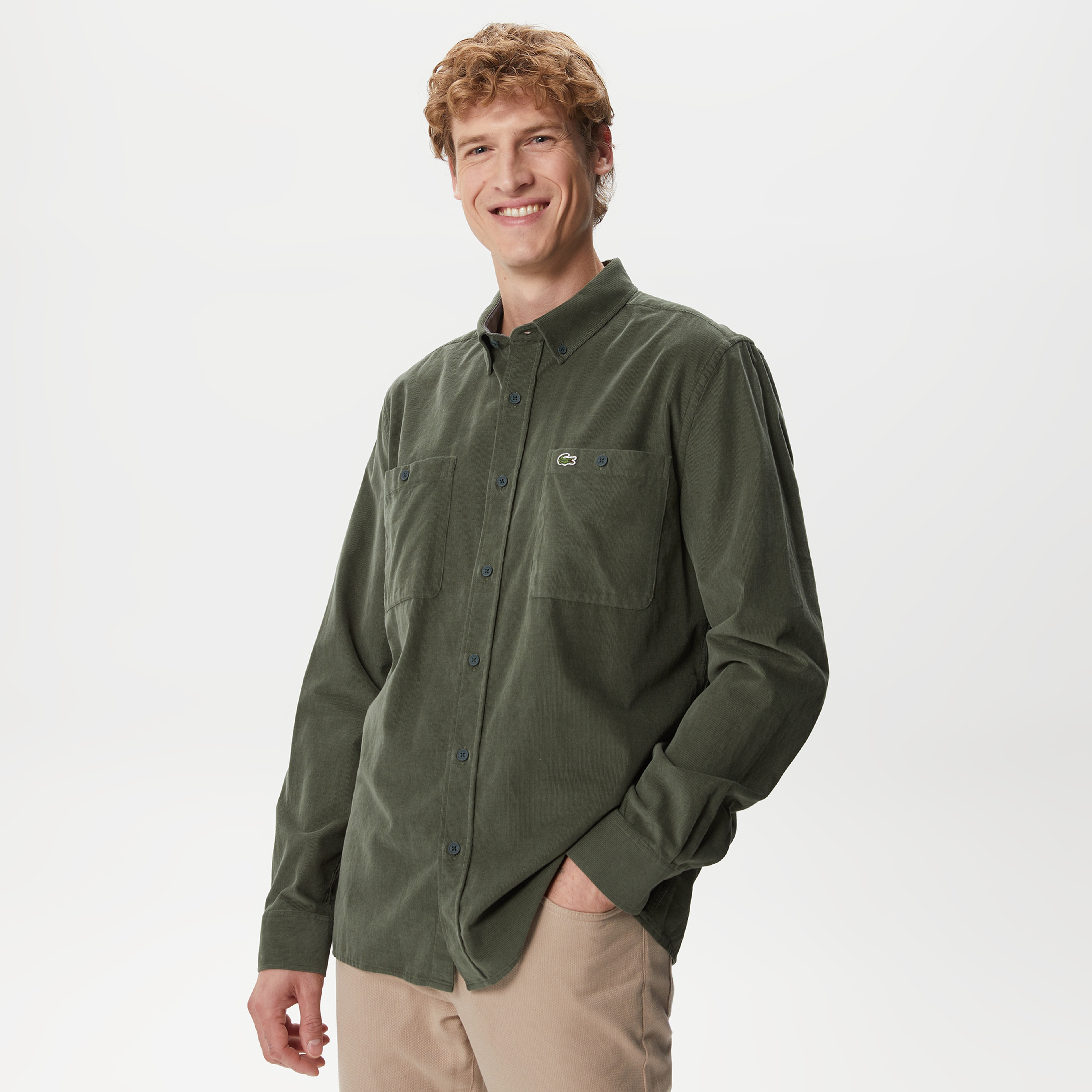 Erkek Regular Fit Düğmeli Yaka Haki Gömlek