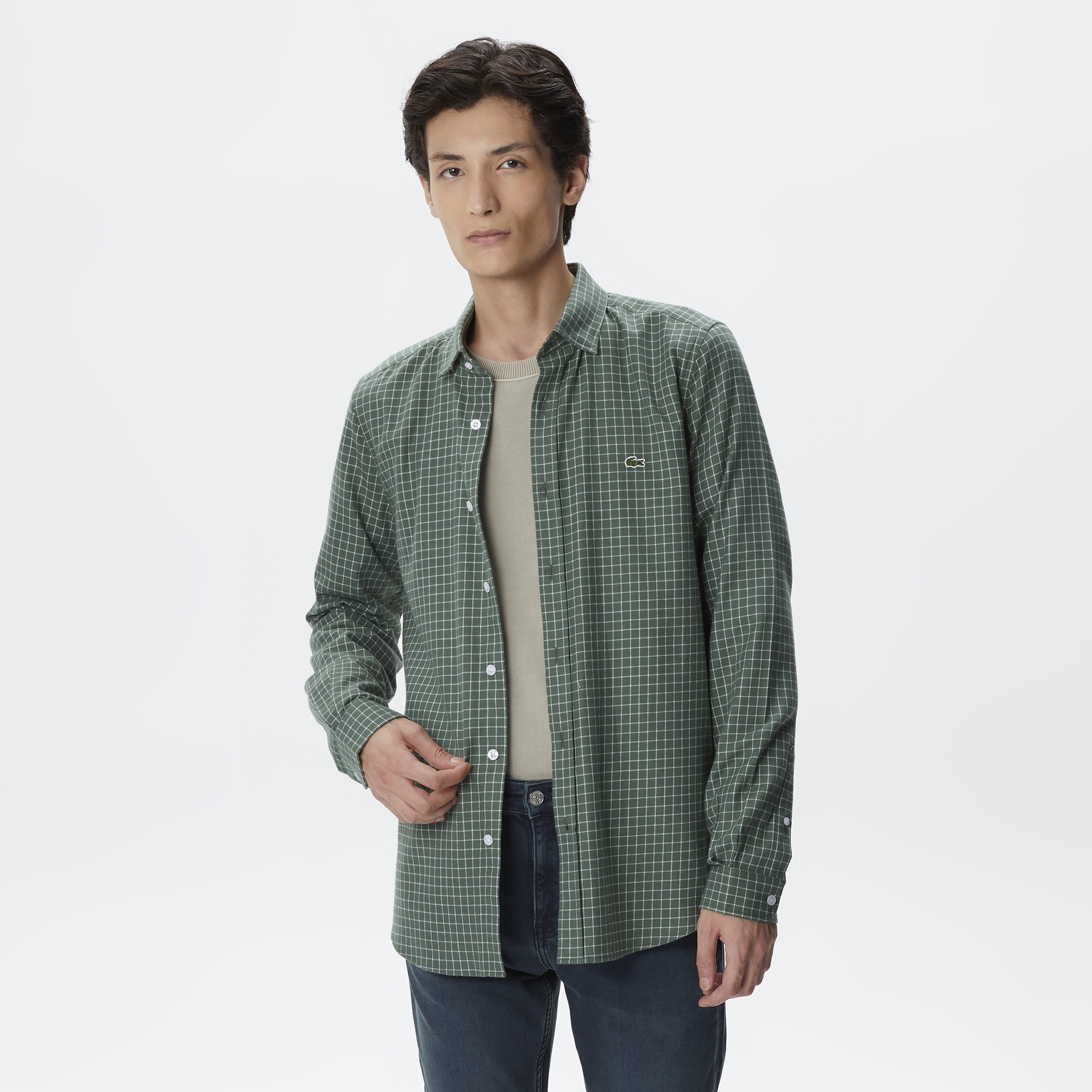 Erkek Regular Fit Ekose Haki Gömlek