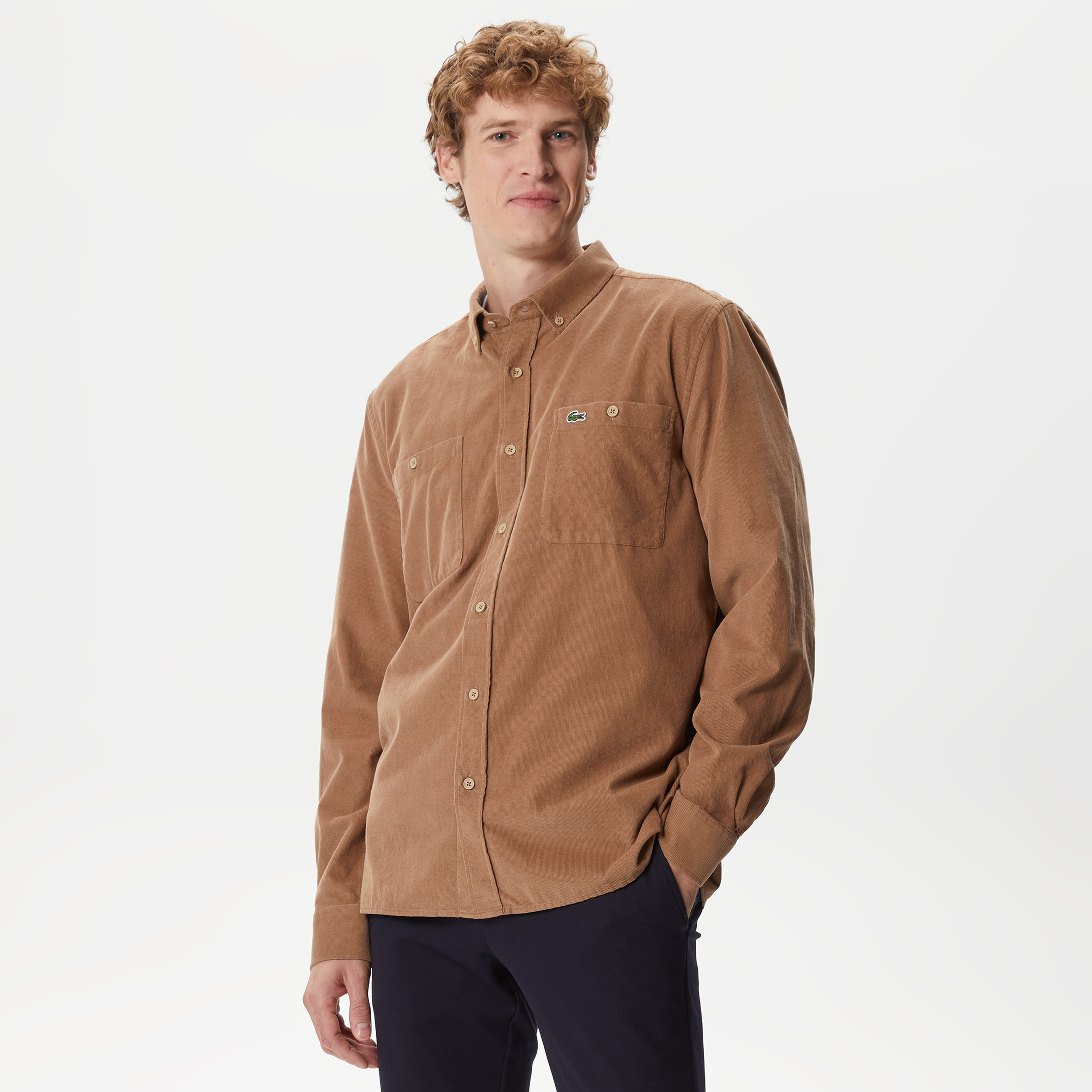 Erkek Regular Fit Düğmeli Yaka Bej Gömlek