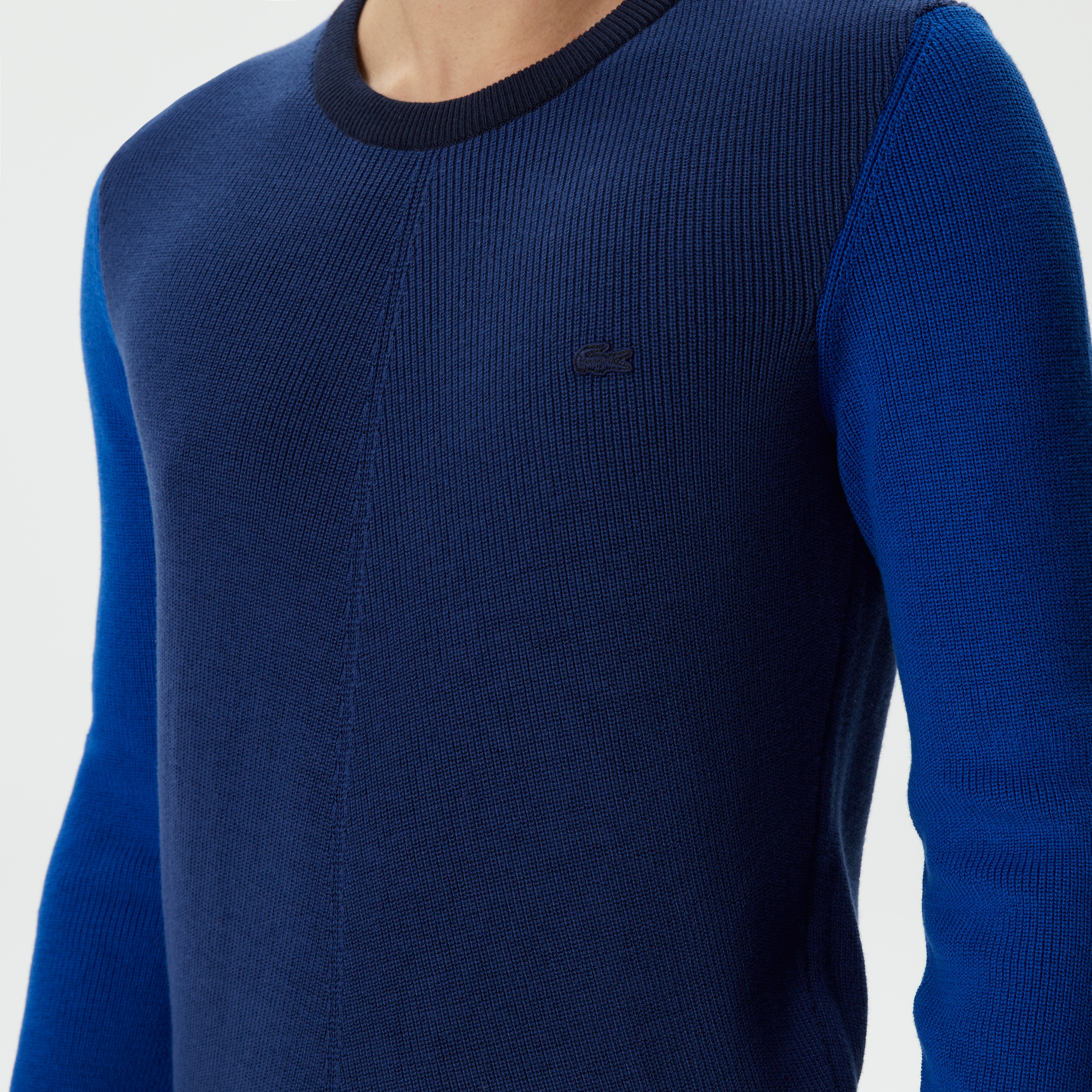 Erkek Regular Fit Uzun Kollu Bisiklet Yaka Renk Bloklu Mavi Triko