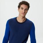 Erkek Regular Fit Uzun Kollu Bisiklet Yaka Renk Bloklu Mavi Triko